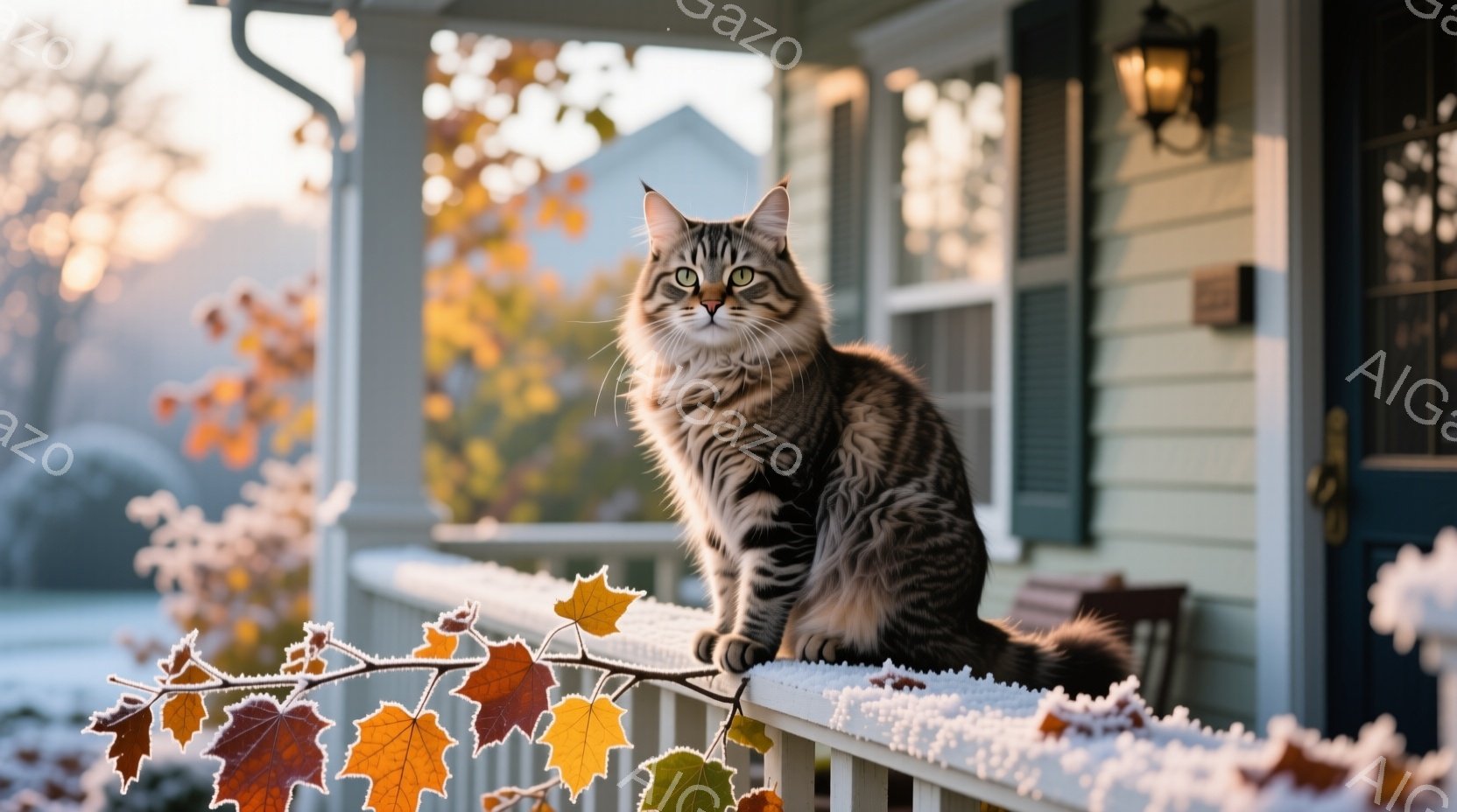 茶色の縞模様の猫が、白い手すりに座って遠くを見つめている。背景には、秋色の葉が散りばめられた庭と、薄い黄色の外壁の家が見え、朝日の柔らかい光が全体を照らしている。静かで穏やかな秋の朝の雰囲気が漂う、温かい光景だ。