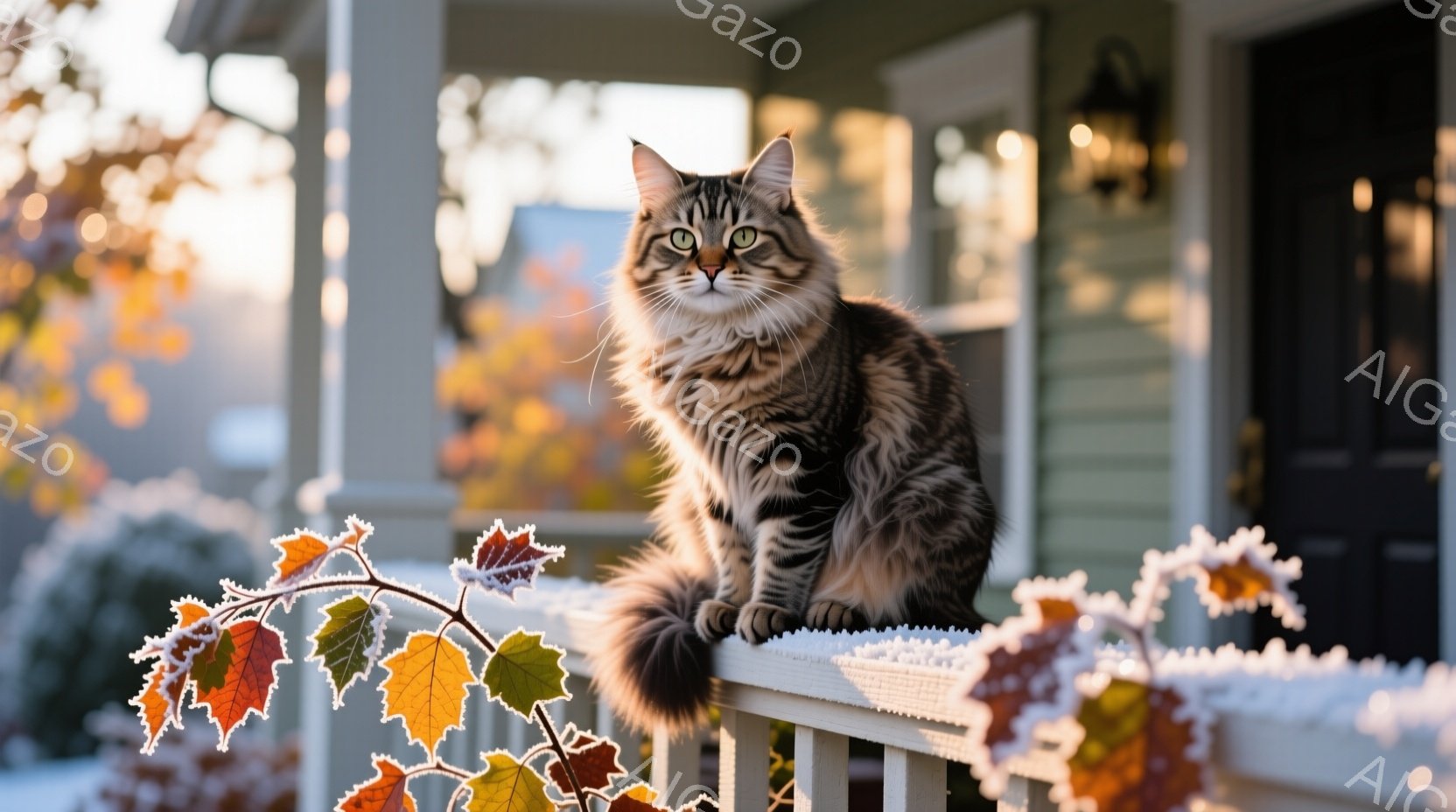 縞模様の大きな猫が、雪で覆われた白い柵の上に座っています。猫は正面を見つめ、鋭い緑色の目で何かを観察しているようです。背景には、緑色の家と、秋色の葉が残る木々が見え、冷たい冬の日の穏やかな雰囲気が漂っ - AI生成フリー素材