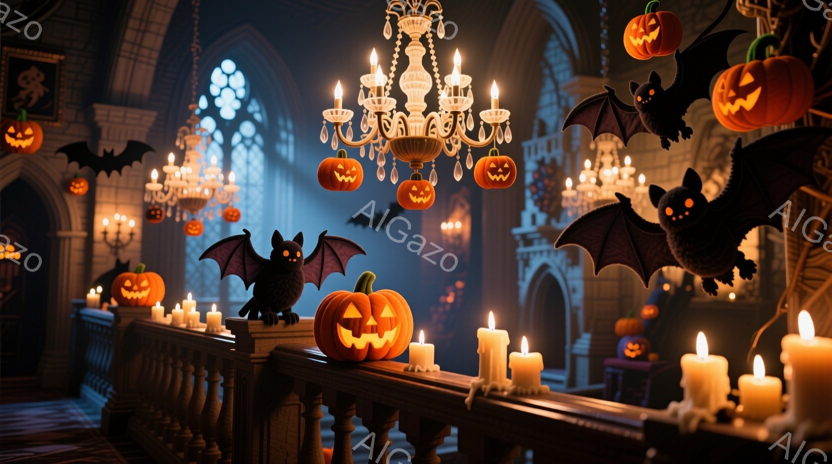 古城のような建物のバルコニーに、ハロウィーンの装飾が施されています。オレンジ色のカボチャのランタンと黒いコウモリが、シャンデリアやバルコニーの手すりを取り囲み、薄暗い光が幻想的な雰囲気を醸し出しています。カボチャやコウモリの配置は遊び心があり、ハロウィーンの夜の賑やかさを予感させます。