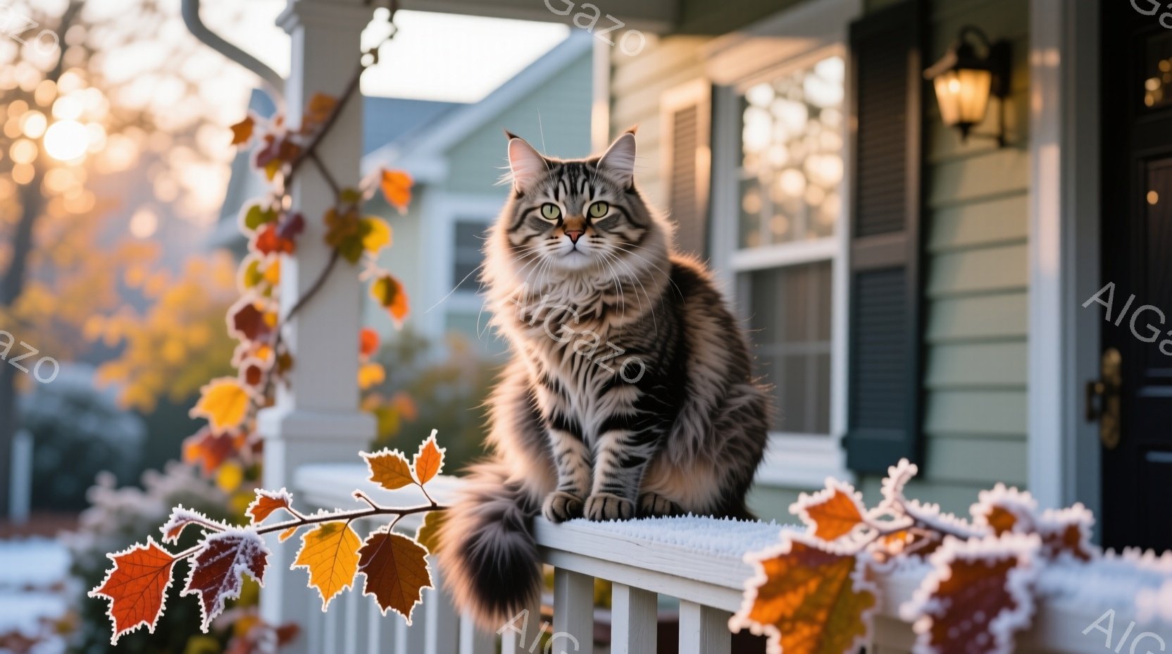 縞模様の大きな猫が、白い柵の上でリラックスして座っています。背景には、秋色の葉が絡みついた木々と、可愛らしい緑色の家が見え、穏やかな秋の日の雰囲気が漂っています。猫は前方をまっすぐ見つめ、落ち着いた表 - AI生成フリー素材