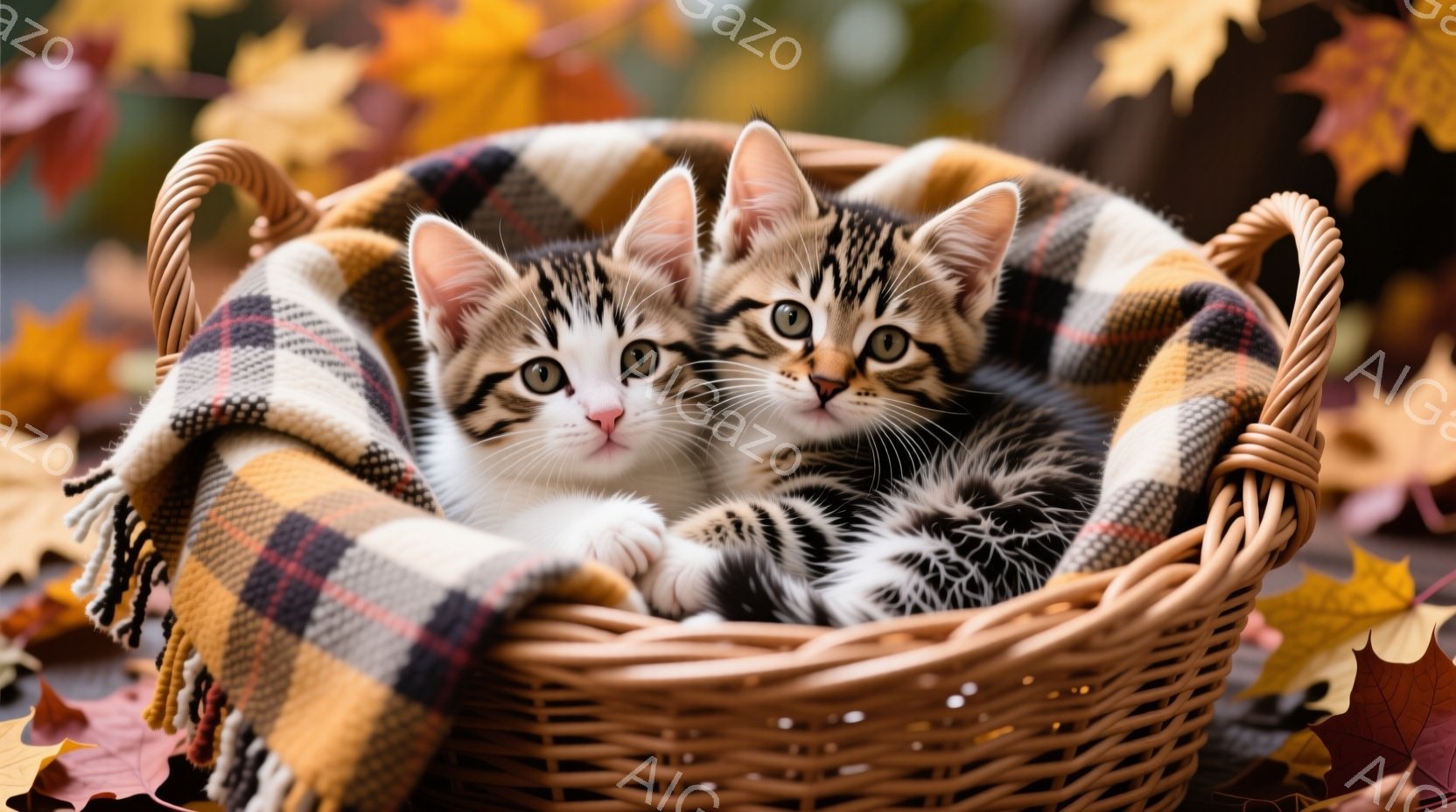 籠の中に二匹の縞模様の小さな子猫が寄り添って座っています。子猫たちは大きな瞳でカメラを見つめ、柔らかい毛並みが印象的です。背景には紅葉が散りばめられ、秋の暖かく優しい雰囲気を醸し出しています。 - AI生成フリー素材