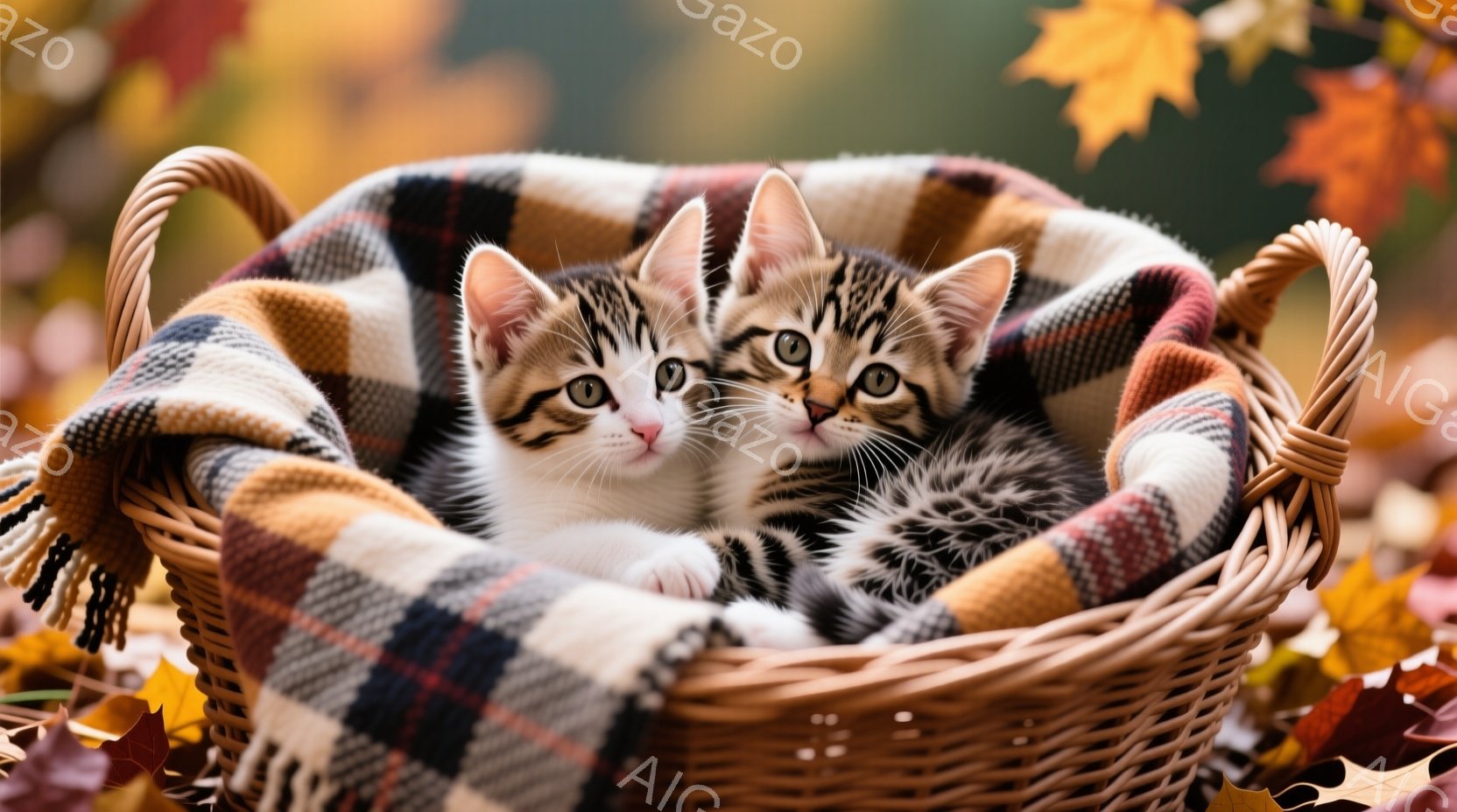 籐のバスケットの中に、縞模様の小さな子猫が2匹丸まって入っています。子猫たちは白い胸元を持ち、鋭い緑色の目でカメラを見つめており、おとなしい表情をしています。背景には秋らしい落ち葉とぼやけた自然が見え - AI生成フリー素材
