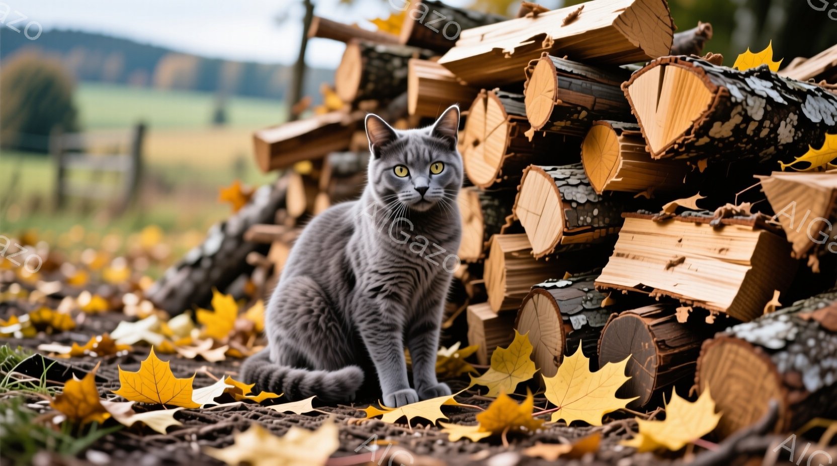 灰色の毛並みの猫が、落ち葉と薪の山の中に座っています。猫はまっすぐ前を見据え、わずかに口角が上がり、穏やかで落ち着いた表情をしています。背景には緑の牧草地とぼんやりとした建物が見え、秋の穏やかな自然を感じさせる光景です。