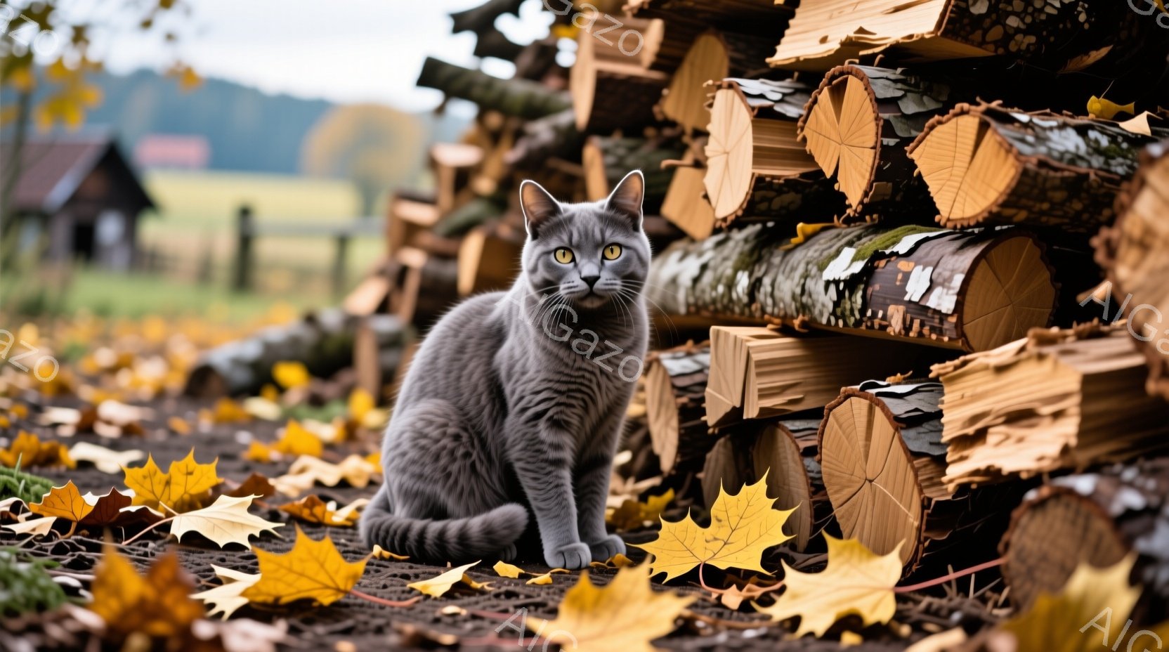 灰色の猫が落ち葉の中に座っており、まっすぐカメラを見つめています。背景には薪の山が積み上げられ、遠くには緑の草地と木々が見え、秋の穏やかな風景が広がっています。猫の毛並みは美しく、背景の落ち葉と薪とのコントラストが、暖かく、落ち着いた雰囲気を醸し出しています。