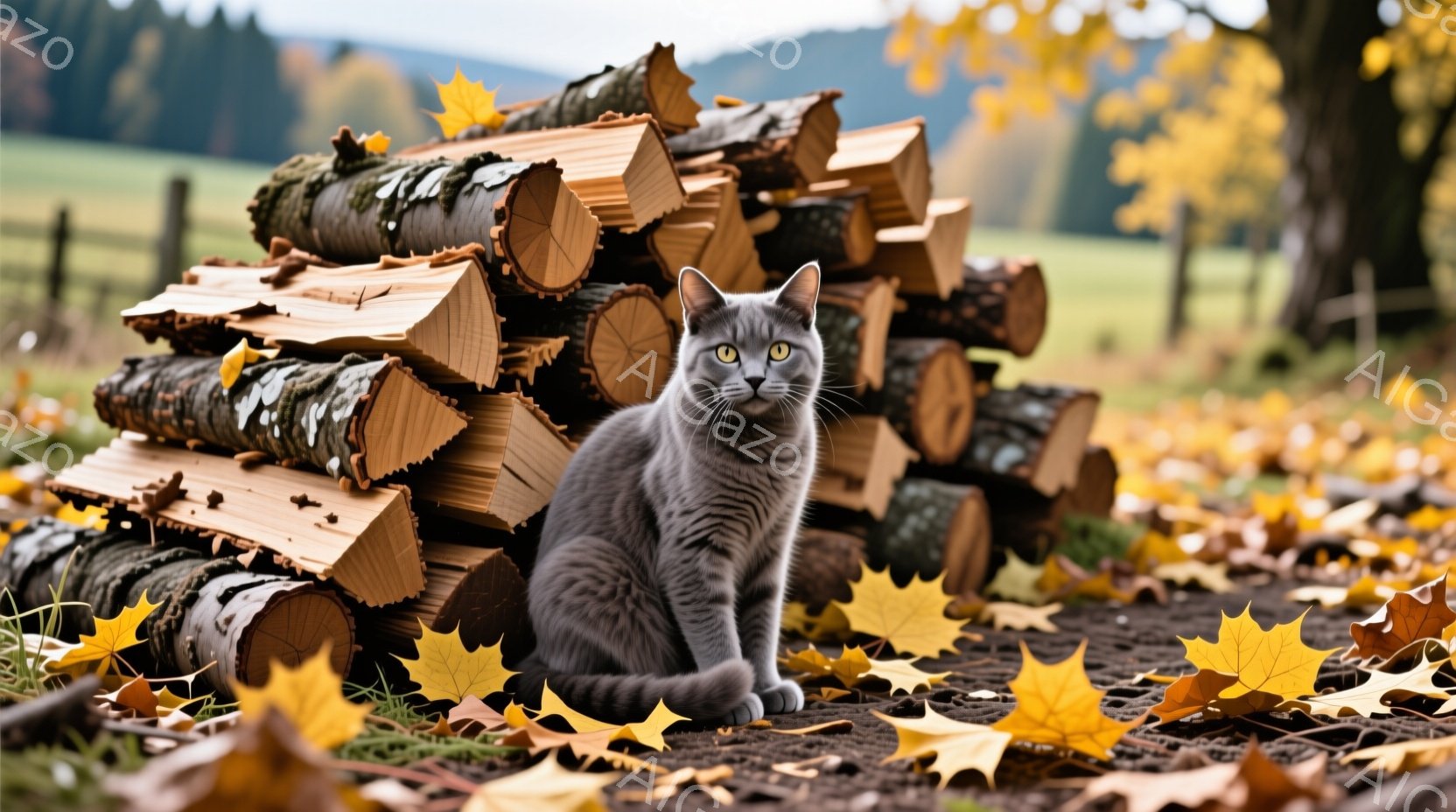 灰色の猫が丸太の山と落ち葉の上に座っている。猫は前方をまっすぐ見つめ、穏やかで警戒心のある表情をしている。背景には緑の草地と木々が見え、秋の穏やかな天候と自然を感じさせる。
