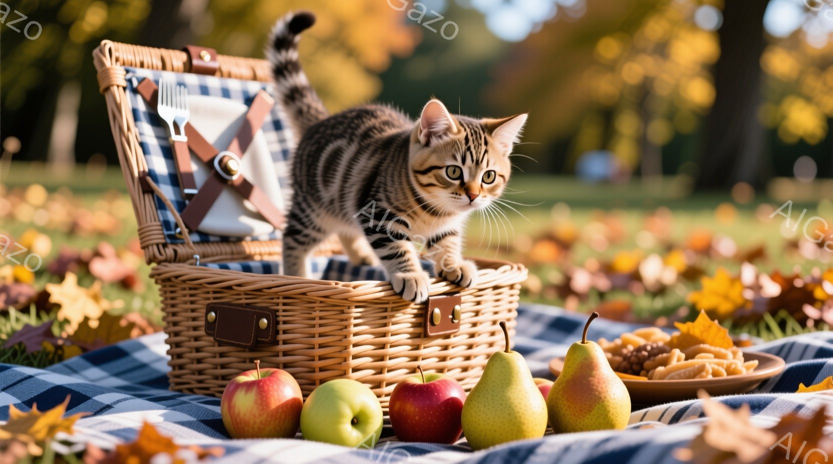 鮮やかなチェック柄の敷物の上に、編まれたピクニックバスケットが置かれ、その中に縞模様の小さな子猫が乗り込もうとしています。バスケットの中にはフォークやナイフが並べられ、その周りにはリンゴや梨、そして軽 - AI生成フリー素材