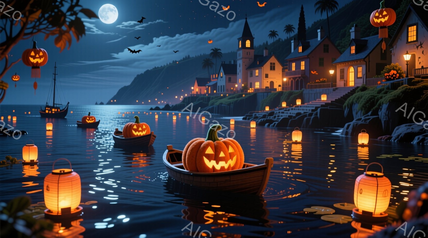 暗い夜の海に、ハロウィーンの飾り付けを施したボートが浮かび、カボチャのランタンが灯っています。背景には、不気味な雰囲気を醸し出す古い建物が並び、暗い空にはコウモリが舞い、月が明るく照らしています。全体として、幻想的で少し不気味なハロウィーンの夜の雰囲気が漂っています。