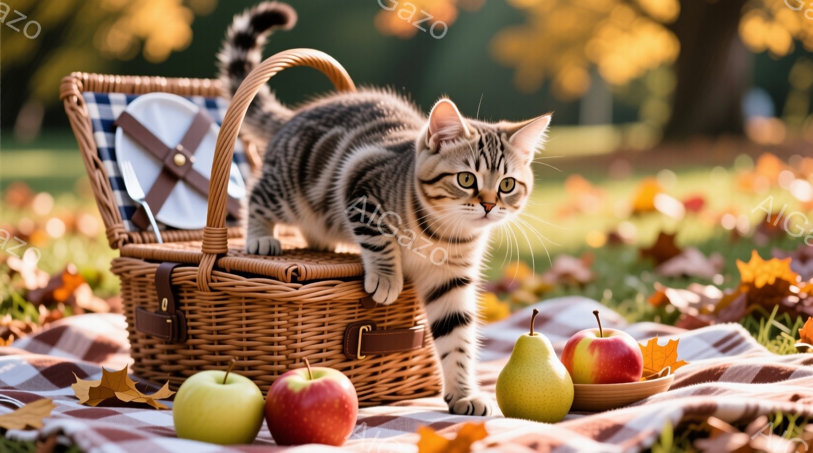 鮮やかな秋色の落ち葉が敷き詰められた芝生の上に、編み込みのピクニックバスケットと果物が置かれています。そのバスケットに、縞模様の小さな子猫が前足をかけて座っており、好奇心旺盛な表情でこちらを見つめてい - AI生成フリー素材