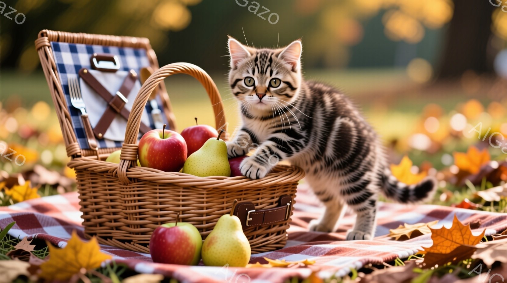 鮮やかな秋の風景の中に、ピクニックバスケットと可愛らしい子猫がいます。バスケットには赤いリンゴと緑色の梨がいくつか入っており、子猫は前足をバスケットにかけ、好奇心旺盛な表情でリンゴを見つめています。背 - AI生成フリー素材