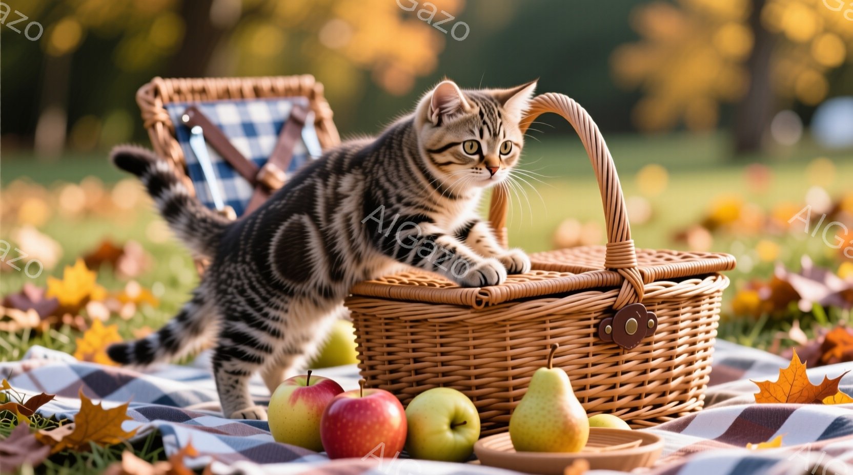 縞模様の小さな子猫が、ピクニックバスケットに前足をかけて座っています。鮮やかな赤と緑のリンゴや梨が、チェック柄の敷物の上に並べられ、背景には落ち葉が舞う秋の公園が広がっています。暖かく、のどかな雰囲気で、子猫の好奇心旺盛な表情が可愛らしいです。