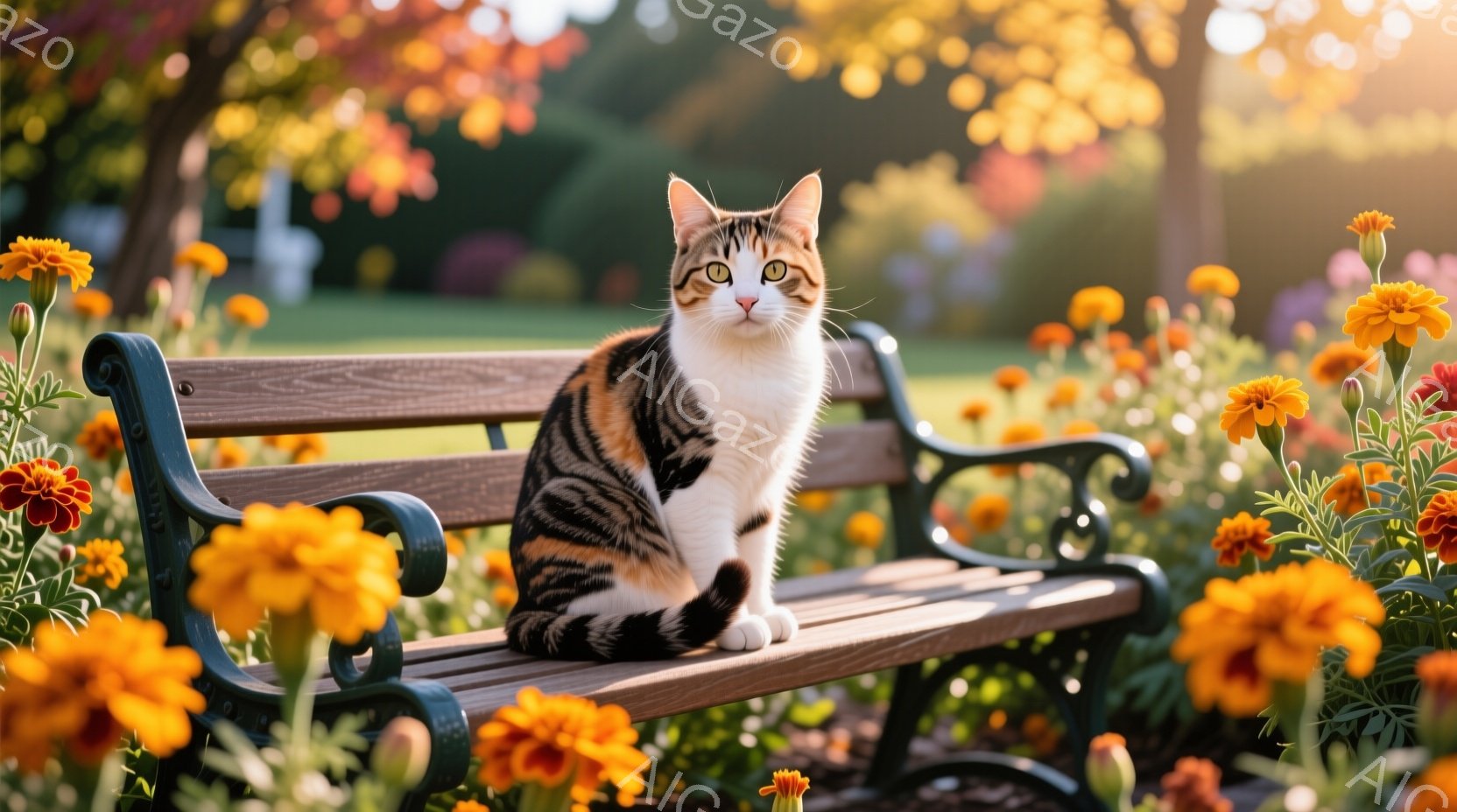 白と茶色の縞模様の猫が、緑色の鉄製のベンチに座って正面を見つめています。ベンチの周りにはオレンジ色のマリーゴールドの花が咲き乱れ、背景には緑豊かな木々が見えます。全体的に暖かく、穏やかな日差しが差し込 - AI生成フリー素材
