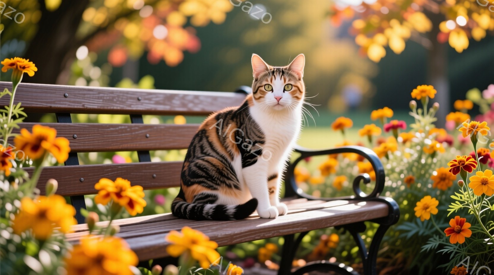白と茶色の縞模様の猫が、庭のベンチに座って正面を見ています。鮮やかなオレンジと赤のマリーゴールドの花がベンチの周りを飾り、背景には緑の草と木々が見えます。暖かい日差しが猫と花を照らし、穏やかで平和な雰囲気が漂っています。