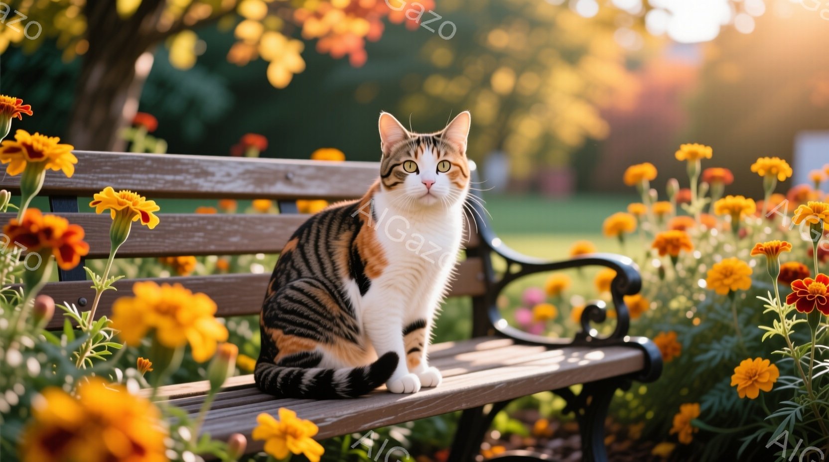 オレンジと白の模様の猫が、公園のベンチに座って正面を見つめている。周囲には鮮やかなオレンジ色のマリーゴールドの花が咲き乱れ、背景には緑豊かな草地が広がっている。暖かく柔らかな光が差し込み、穏やかで心地よい雰囲気を醸し出している。