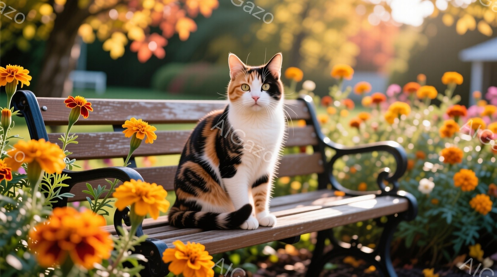 この人物が登場しません。中央に座ったオスプリング・ポインターという猫が写っており、その周りには多くの色鮮やかな花が咲いています。猫は目を開け、舌を出して、単一の花の中心で微笑んでいるように見えます。背景は暖色で、日差しがあり、仕事をしている人から見ると、美しく閉じた花の盆が視えることもあります。