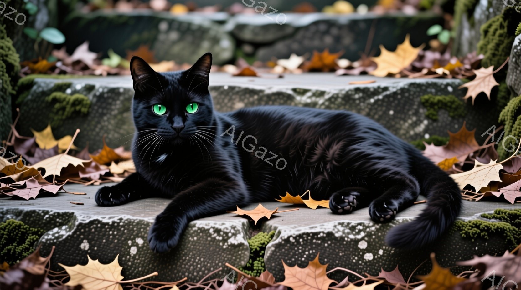 黒猫が石段に横たわっており、鮮やかな緑色の目が印象的です。周りには赤や黄色の落ち葉が散らばり、秋の雰囲気を醸し出しています。苔むした石段と背景の緑が、猫の黒い毛並みをより際立たせています。 - AI生成フリー素材