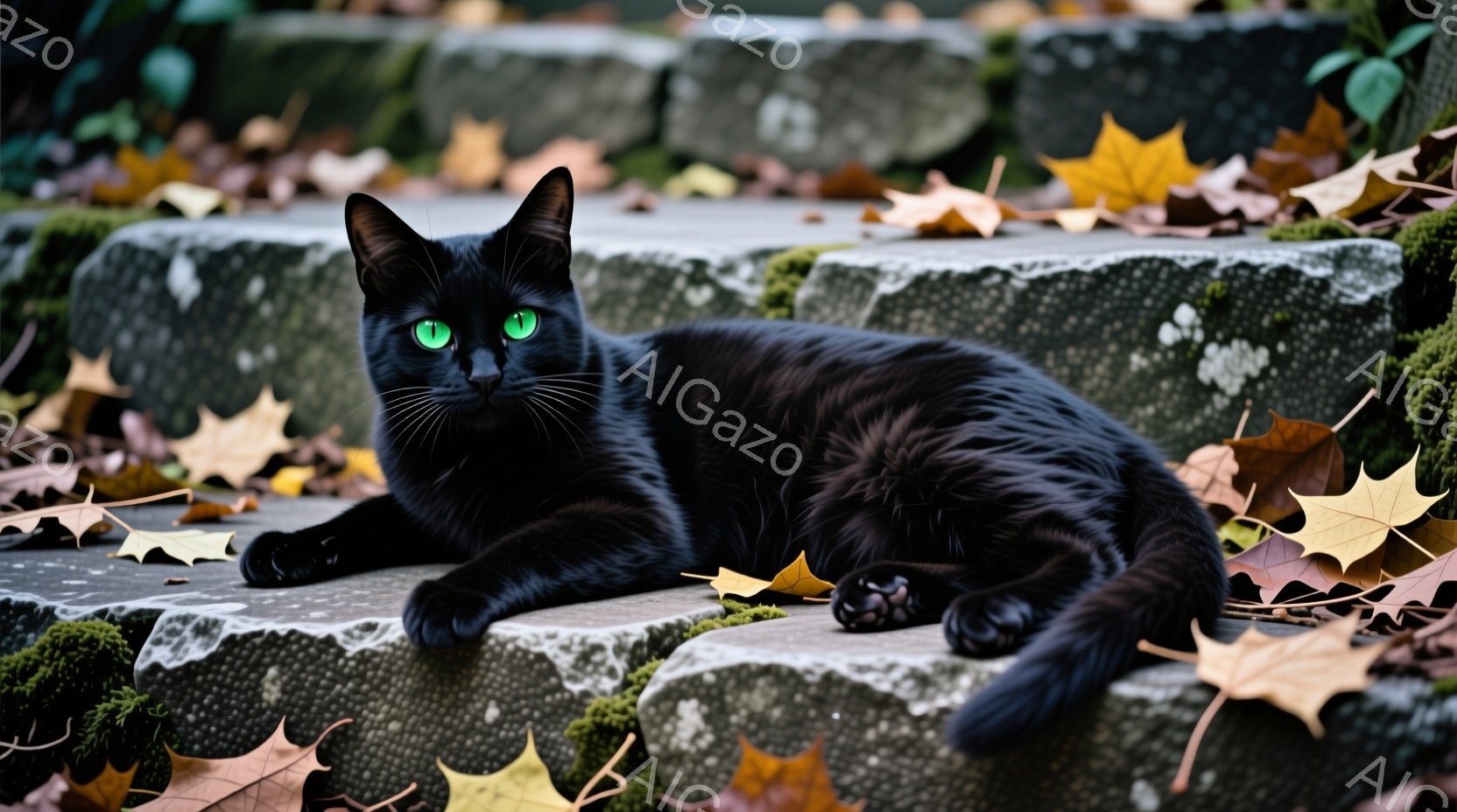 カールスバッハのキャラクターである黒キジカトを描いたものです。キジカトは左眼を閉じて、落葉が隣りに散らばっている柱や段差に座っており、表情は安らぎと幸福感を醸し出しています。その綿貫とリラックスした様子から、寂しさや落葉がシンプルでカリフォレーション的な空間を思わせる雰囲気になります。