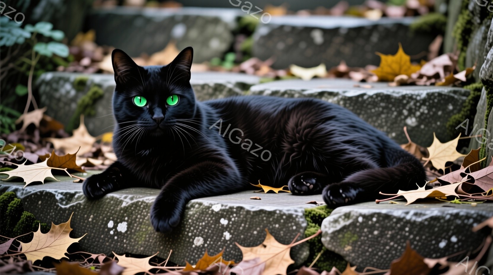 黒猫が苔むした石段に横たわっている。鮮やかな緑色の瞳が印象的で、周りには落ち葉が散らばり、秋の静けさが感じられる。猫の毛並みは艶やかで、リラックスした様子がうかがえる。