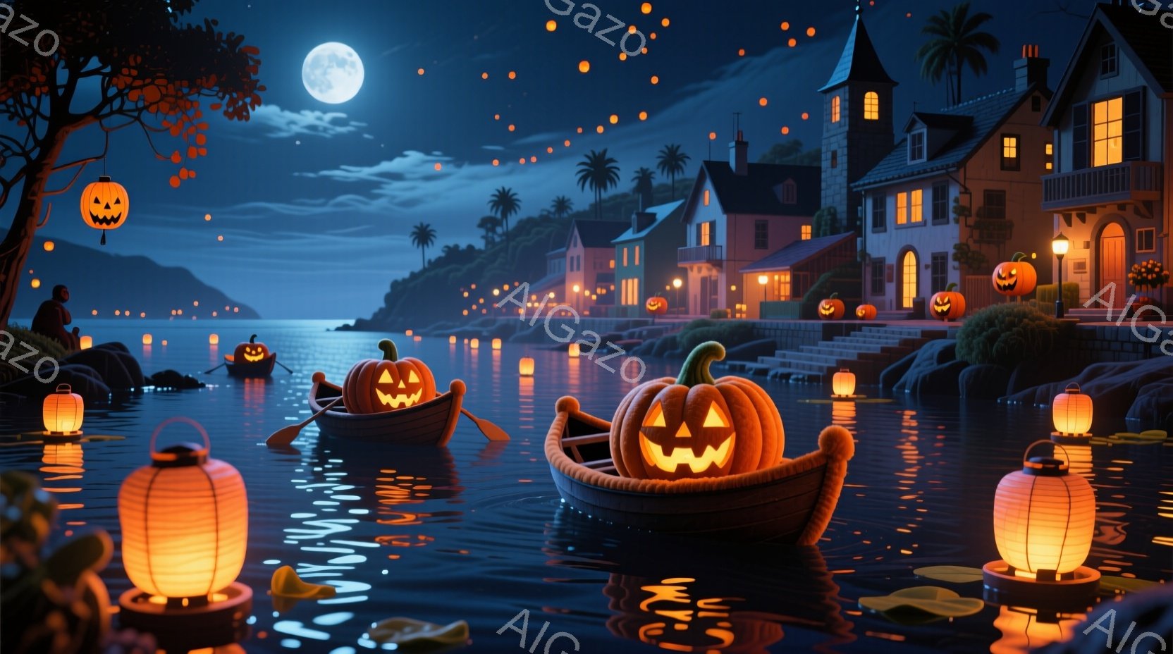 暗い夜の海に、カボチャのランタンを乗せた小さなボートが浮かんでいる。海岸沿いには、ハロウィーンの飾り付けがされた家々が並び、遠くには月が輝いている。全体的に、幻想的でハロウィーンらしい雰囲気で、お祝いの夜の静けさと楽しさが感じられる。