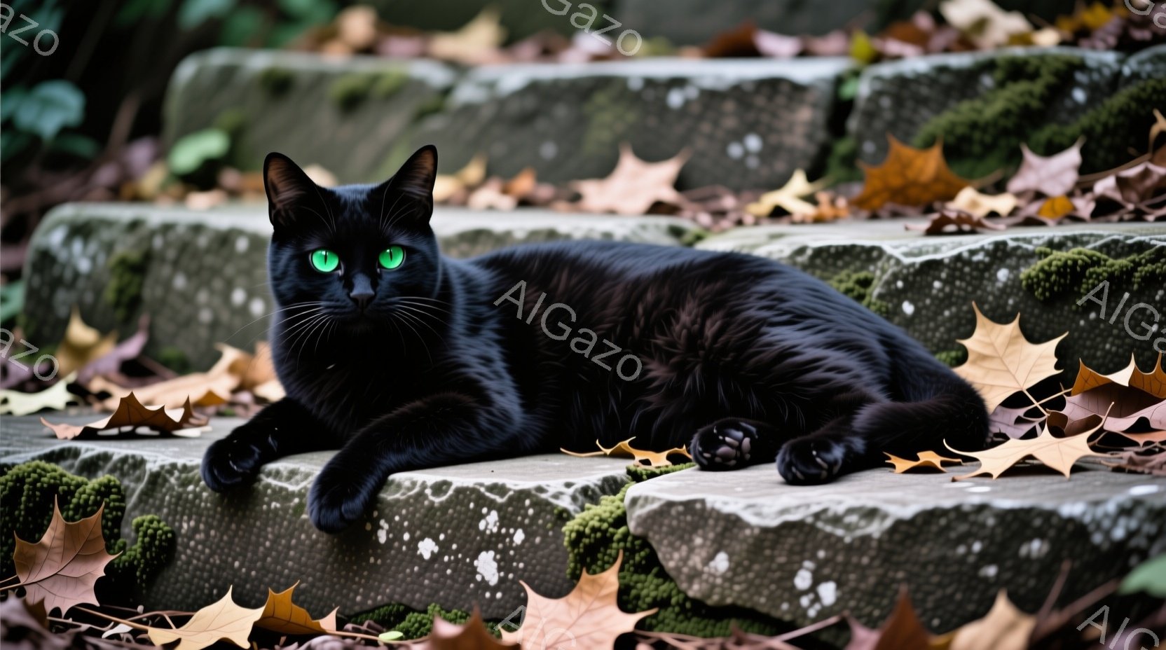 黒猫が石段に横たわっており、鮮やかな緑色の瞳が印象的だ。石段は苔むしており、周囲には紅葉した葉が散らばっているため、秋の落ち着いた雰囲気が漂う。猫はリラックスした姿勢で、周囲の環境に溶け込み、穏やかな - AI生成フリー素材