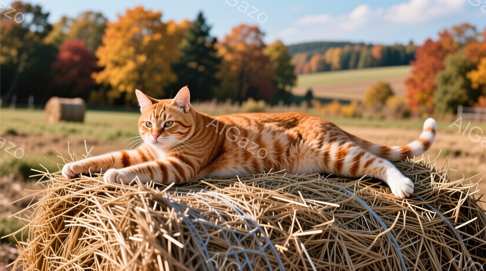 オレンジ色の縞模様の猫が、藁の俵の上に優雅に横たわっています。猫はリラックスした表情で、前足を伸ばし、尻尾を優雅にカールさせています。背景には、緑の牧草地、色とりどりの紅葉、そして青空が広がり、穏やか - AI生成フリー素材
