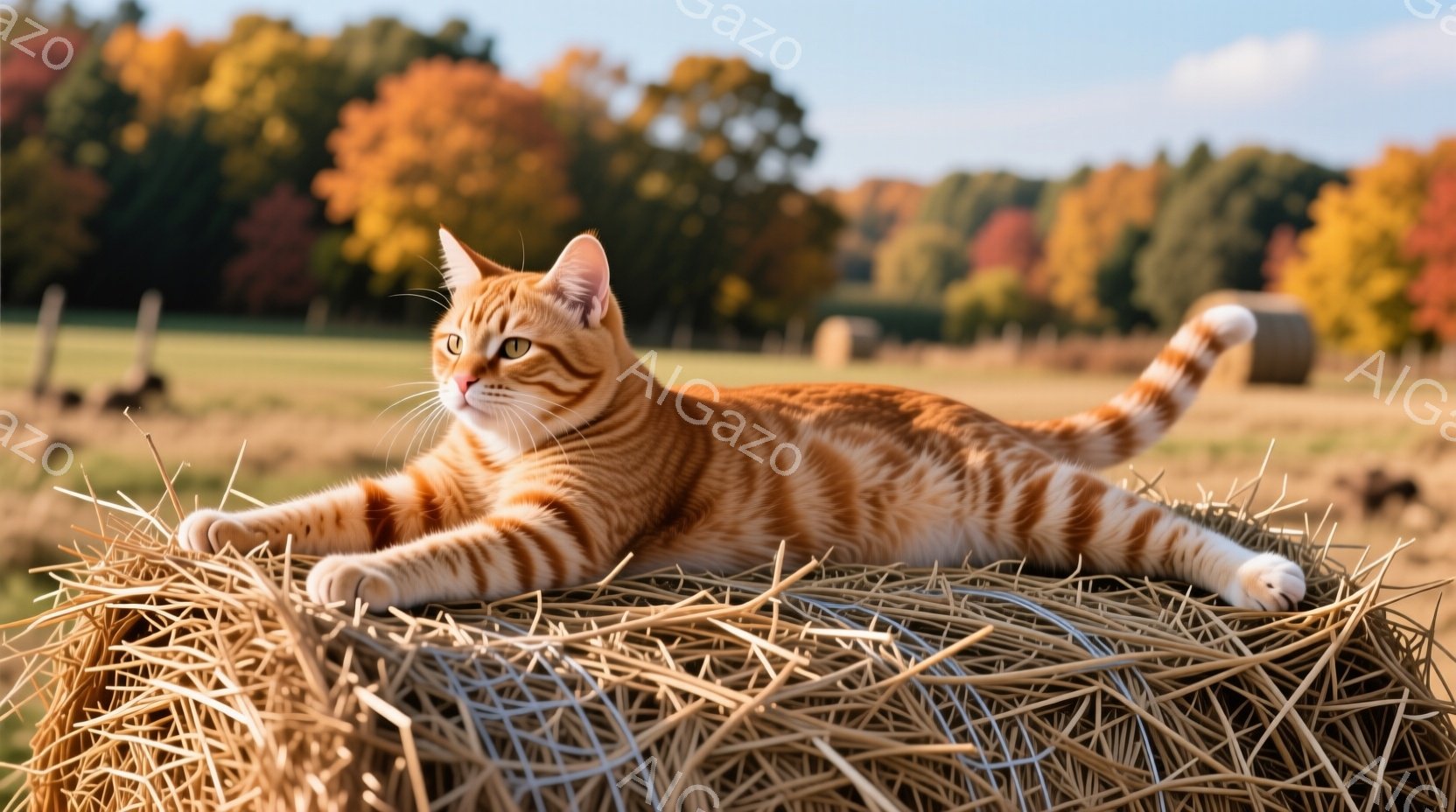 オレンジ色の縞模様の猫が、丸い干し草の俵の上に横たわっている。猫はリラックスした表情で、前足を広げ、後ろ足は畳んで、まるで王様のように堂々と座っている。背景には緑の牧草地と、秋の色彩に染まった木々が広がり、晴れた空の下、穏やかで暖かさを感じさせる風景だ。