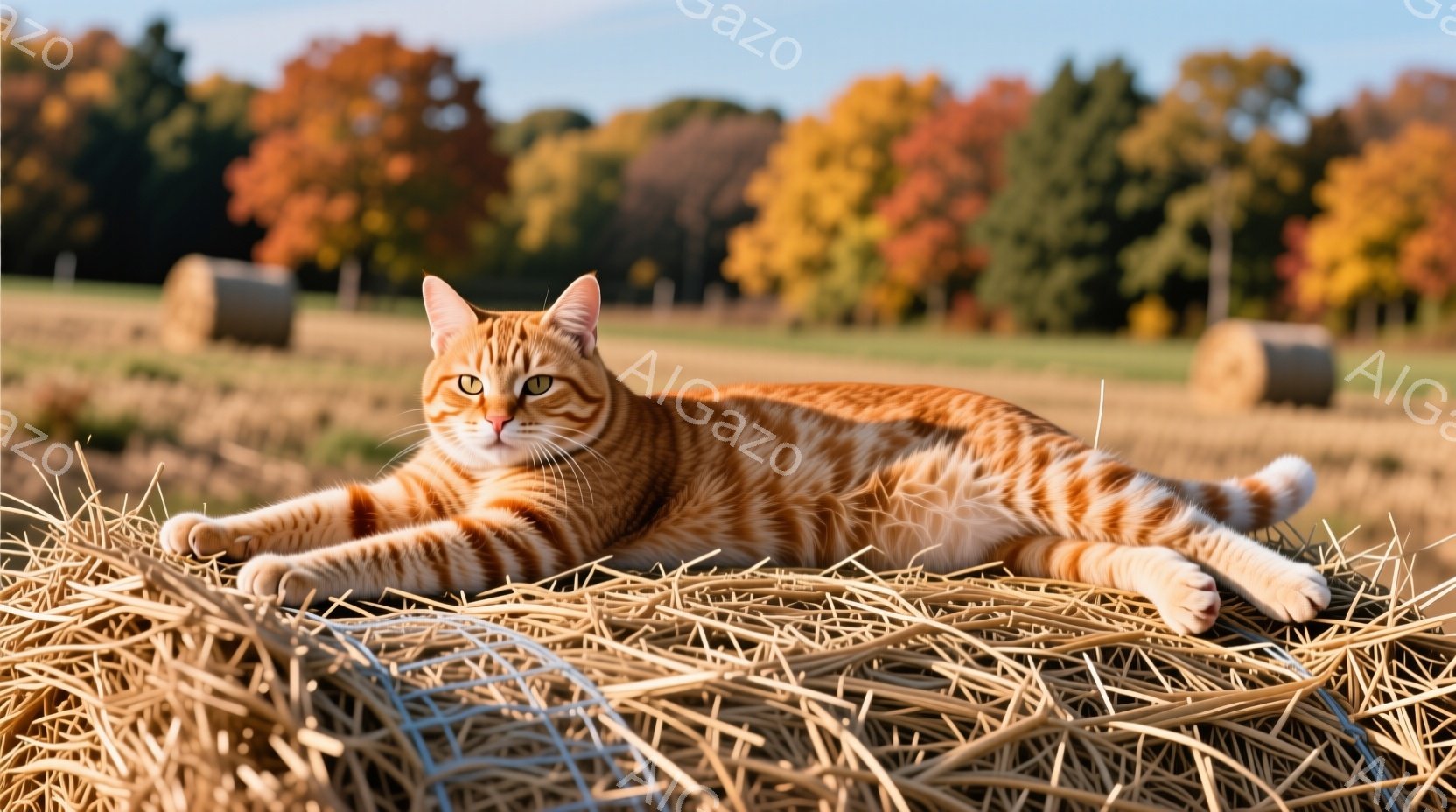 鮮やかなオレンジ色の縞模様の猫が、干し草の俵の上に悠々と横たわっています。猫はリラックスした表情で、前足を伸ばし、まるで王座に座っているかのような堂々とした姿勢を見せています。背景には、秋の色づいた木々と、黄金色の干し草が広がる田園風景が広がっており、穏やかで暖かく、秋らしい雰囲気が漂っています。