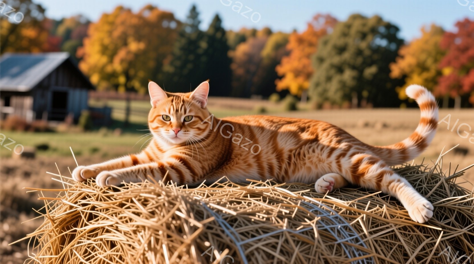 オレンジ色の縞模様の猫が、干し草の山の上にうつ伏せになってリラックスしています。猫は前足を伸ばし、穏やかな表情でカメラを見つめており、秋の田園風景が背景に広がっています。背景には、木製の小屋と、赤や黄 - AI生成フリー素材