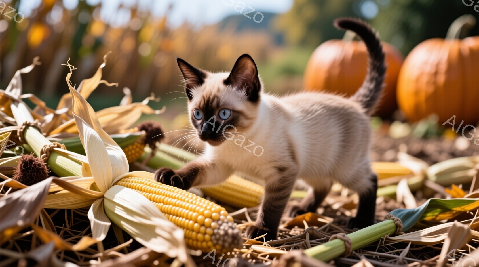 シーマ模様の小さな子猫が、収穫されたトウモロコシ畑で好奇心旺盛に何かを見つめています。子猫は、茶色とクリーム色の毛並みで、青い目をしており、片方の前足でトウモロコシに触れようとしています。背景には、黄金色のトウモロコシの葉と、ぼんやりと見えるオレンジ色のカボチャが見え、秋の暖かく穏やかな雰囲気が漂っています。