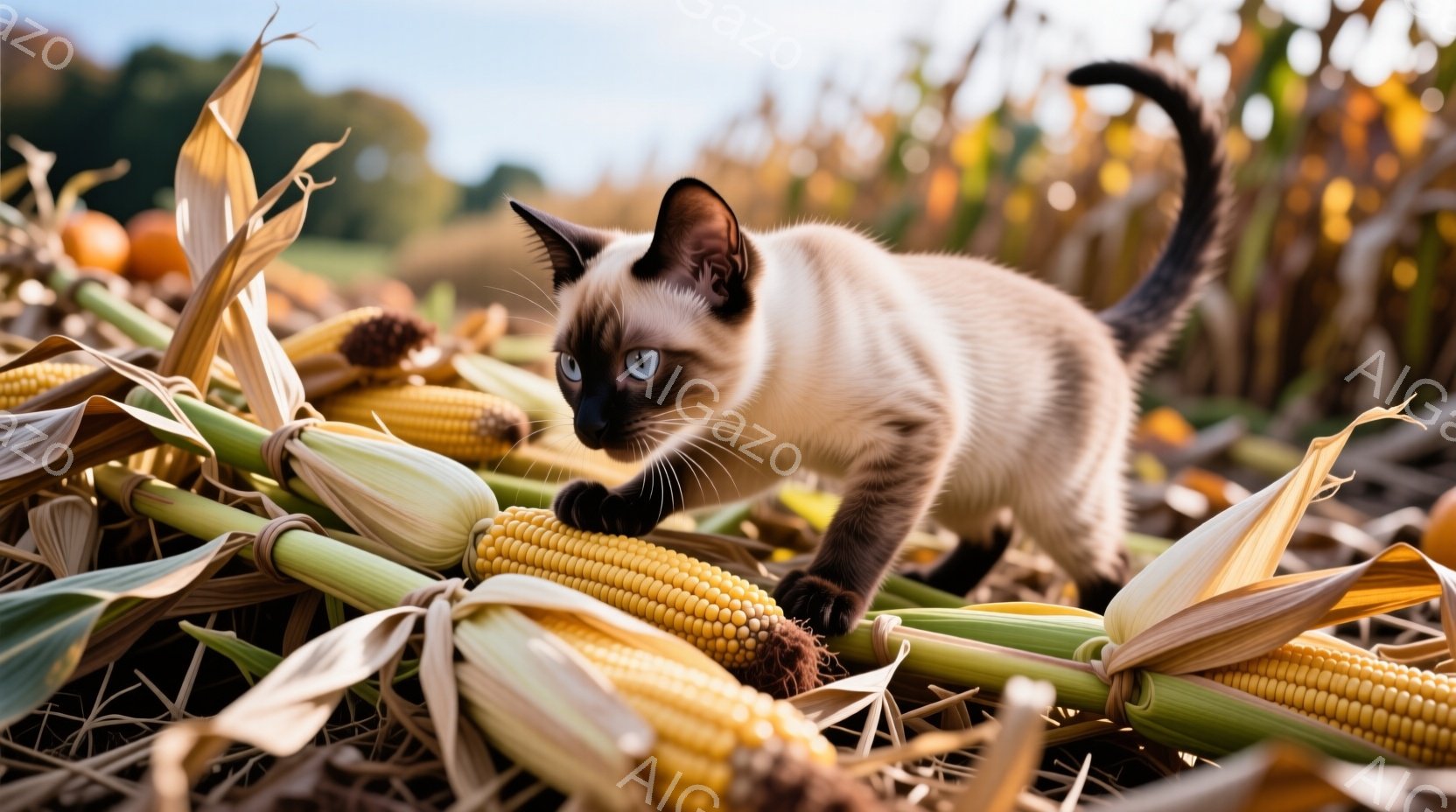 小さなシャム猫が、収穫されたトウモロコシの間に忍び寄る姿が捉えられています。猫は緑色の葉と黄色の実の間を、狩りのように慎重に歩み、まるで野原を探検しているようです。背景には、黄金色に輝く他のトウモロコシ畑と、ぼやけた緑の植物が見え、秋の穏やかな雰囲気を醸し出しています。