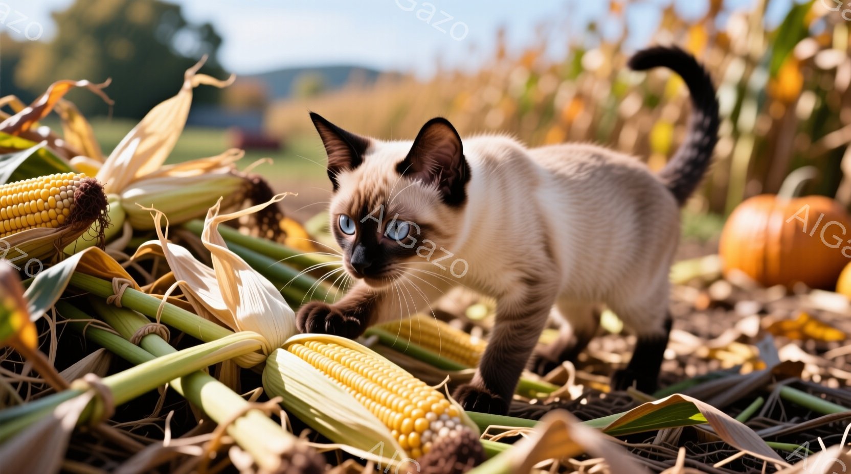 シナモン色の毛並みをした子猫が、干し立てのトウモロコシ畑の中で身をかがめて前進している。青い瞳がこちらを捉え、狩りのような真剣な表情を浮かべている。背景には黄金色のトウモロコシとオレンジ色のカボチャが広がり、秋らしい暖かく穏やかな雰囲気を醸し出している。