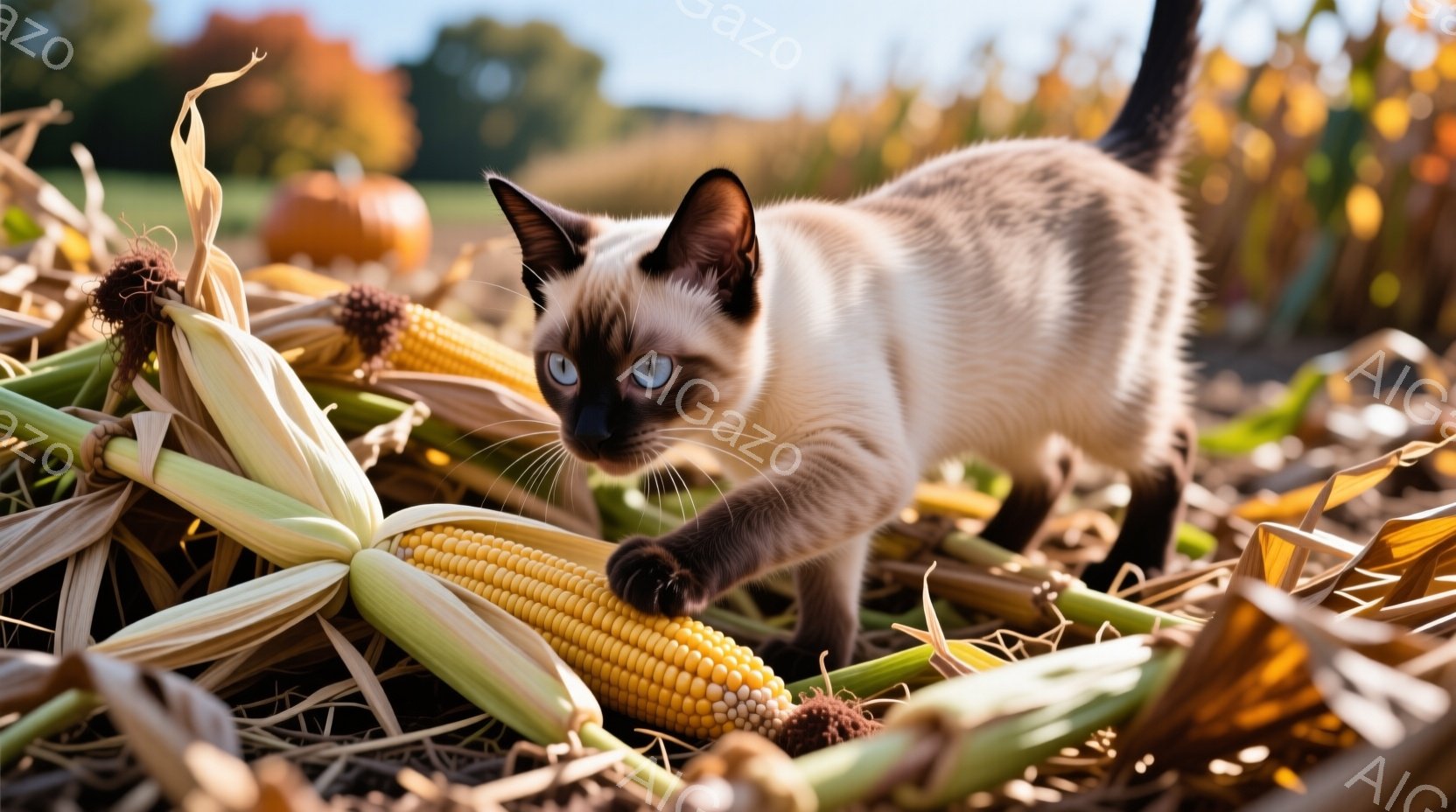 浅い土色の毛並みを持つシャム猫が、収穫されたトウモロコシの葉と実の中にいます。猫は前足を伸ばし、トウモロコシに興味津々な表情で触れようとしています。背景には黄金色のトウモロコシ畑が広がり、暖かく穏やかな秋の雰囲気を醸し出しています。