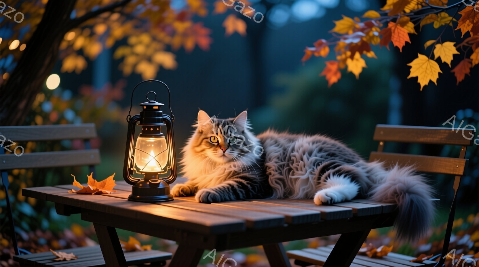 灰色の長い毛並みの猫が、木製のピクニックテーブルの上でリラックスして横たわっています。テーブルの上には落ち葉と点灯した古いランタンがあり、周囲は秋の紅葉に覆われた自然豊かな背景です。全体的に暖かく、穏 - AI生成フリー素材