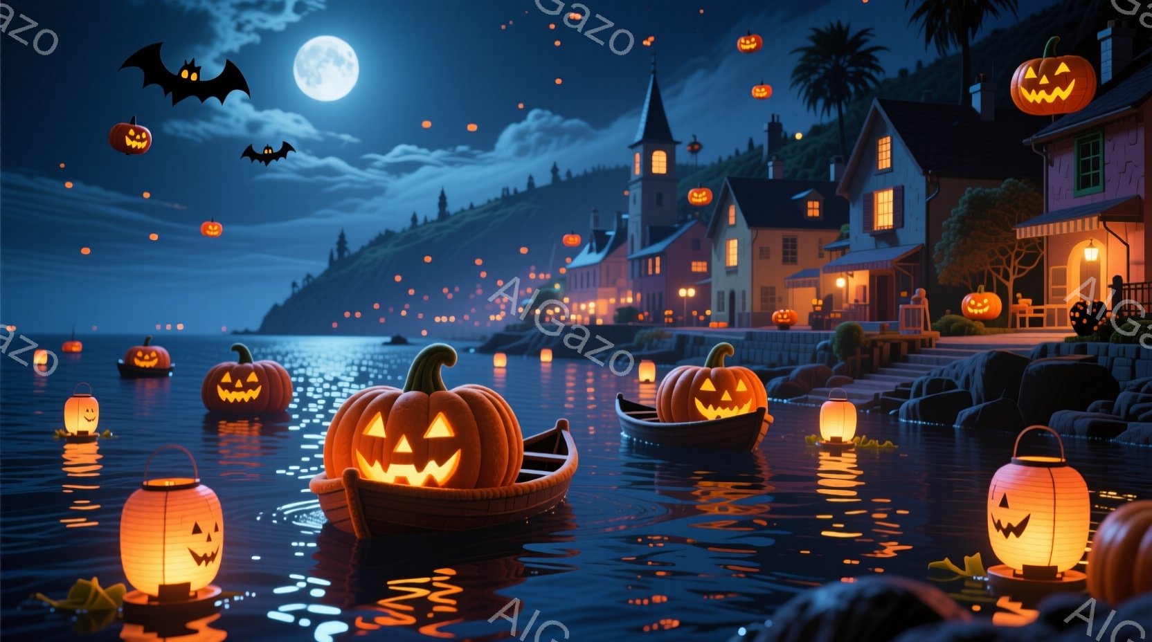 深夜の海に、カボチャのランタンを乗せた小舟が浮かび、不気味ながらも幻想的な雰囲気を醸し出しています。岸辺には、カボチャのランタンで飾られた家々が並び、背景には暗い山々と満月が輝き、ハロウィンの夜の神秘的な光景を描いています。全体的に、オレンジ色と暗い青色のコントラストが印象的で、ハロウィンの魅力的な夜を表現しています。
