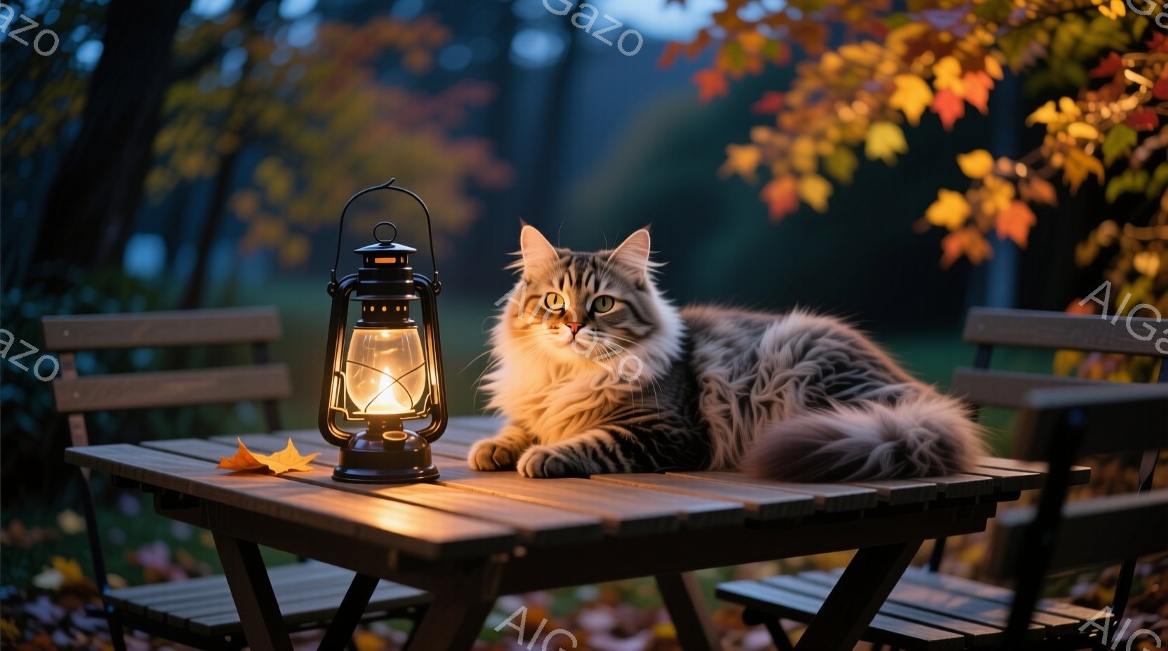 縞模様の猫が木製のピクニックテーブルの上でリラックスして横たわっています。テーブルの上には、暖かく光るオイルランプと一枚の黄色い葉が置かれています。背景には、鮮やかな秋の紅葉と木々が見え、穏やかで暖か - AI生成フリー素材