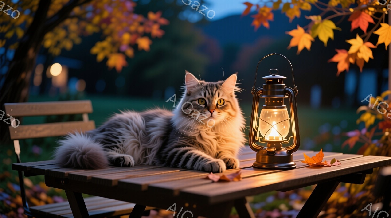 長毛の灰色の猫が木製のピクニックテーブルに横たわっており、リラックスした表情でカメラを見つめている。テーブルの上には落ち葉と、点灯したランタンが置かれ、柔らかな光を放っている。背景には緑豊かな自然とぼやけた光が広がり、秋の夕暮れを感じさせる穏やかで暖かい雰囲気を作り出している。
