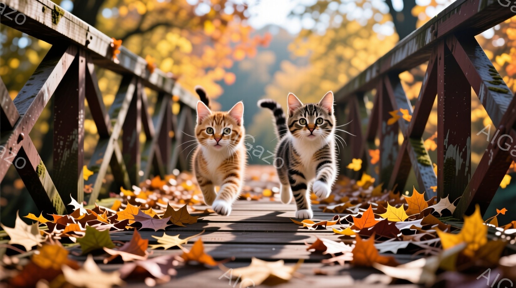 鮮やかな紅葉が敷き詰められた木製の橋の上を、二匹の可愛らしい子猫が駆け抜けている。一匹はオレンジ色、もう一匹は縞模様で、どちらも前方を真っ直ぐ見つめ、遊び心に満ちた表情をしている。背景には緑豊かな木々 - AI生成フリー素材
