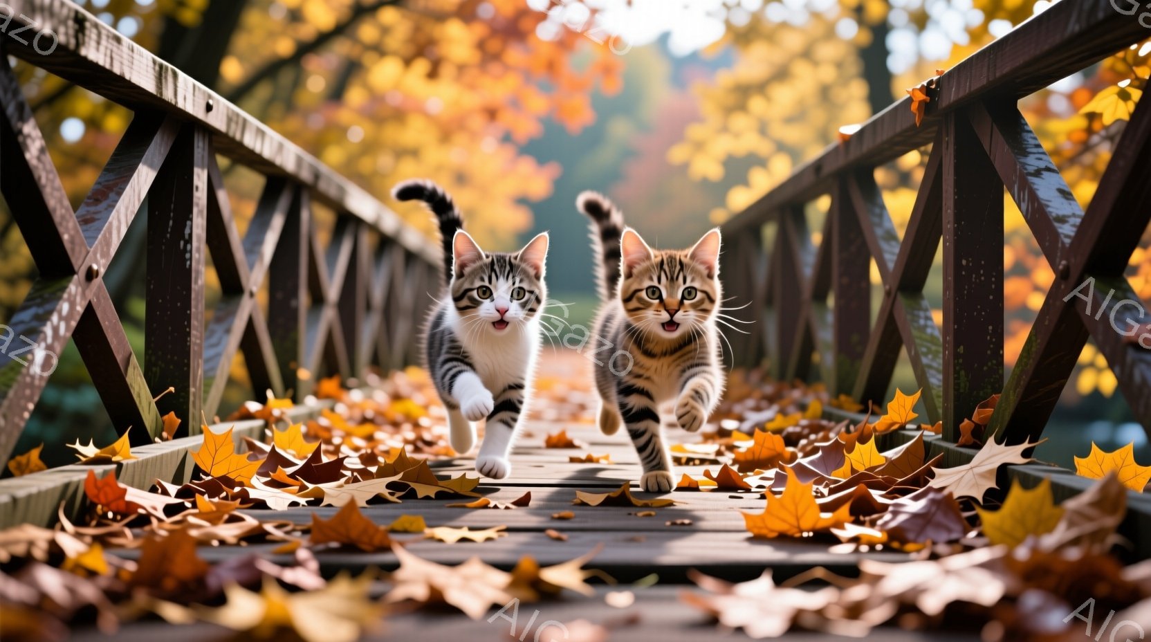 鮮やかな秋の風景の中で、2匹の縞模様の猫が木製の橋の上を駆け抜けている。猫たちは興奮した表情で、まるで遊んでいるかのように活発に走り、背景には紅葉で色づいた木々と柔らかな光が広がっている。全体的に暖かく、楽しげな雰囲気が漂う、秋の日の情景だ。