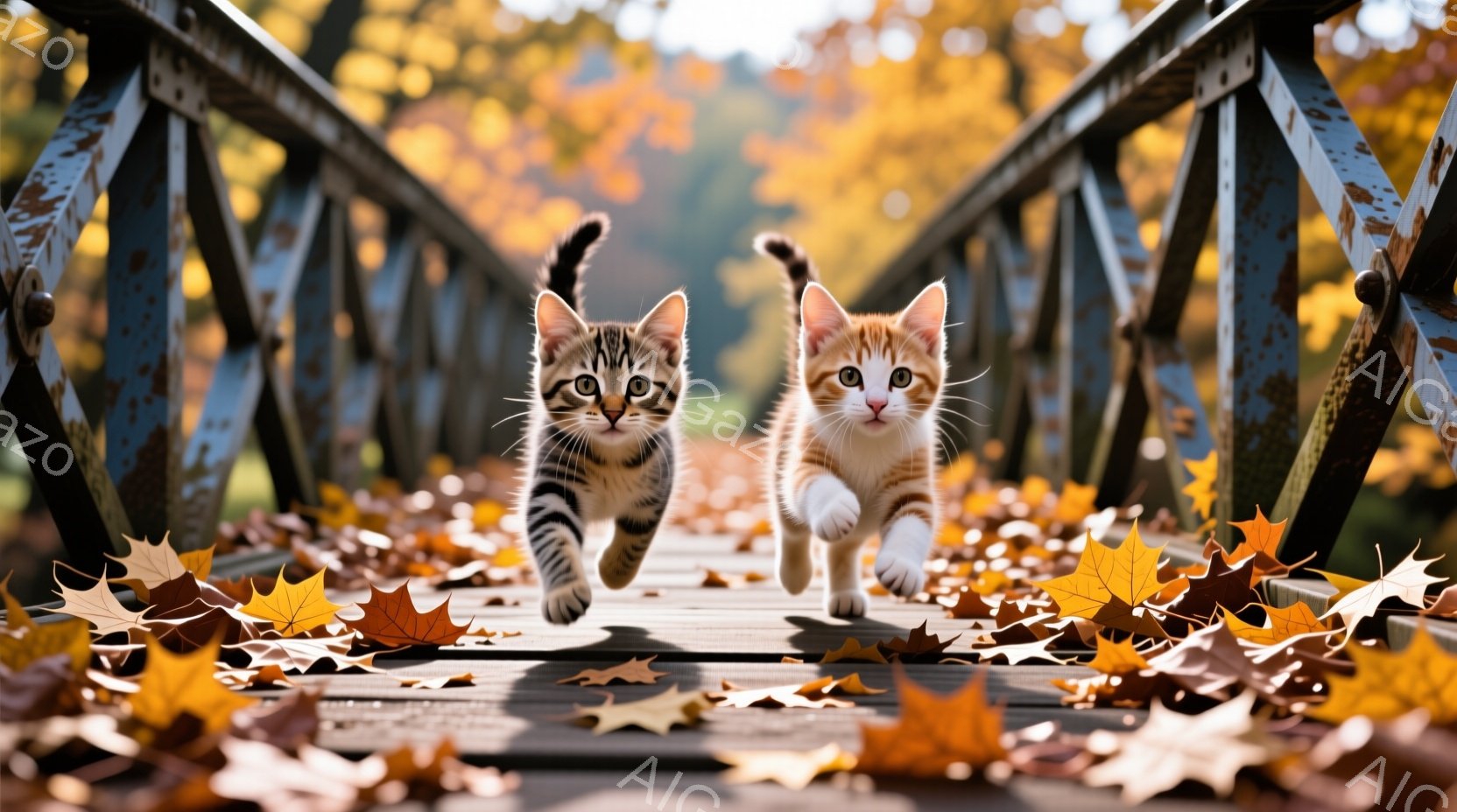 ２匹の小さな子猫が、落ち葉が散らばる木製の橋の上を勢いよく走っている。片方は縞模様で、もう片方はオレンジと白のまだら模様で、どちらも前方を向いており、遊び心に満ちた表情をしている。背景には緑豊かな木々と、秋らしい光が差し込み、全体的に暖かく、活気のある雰囲気が漂っている。