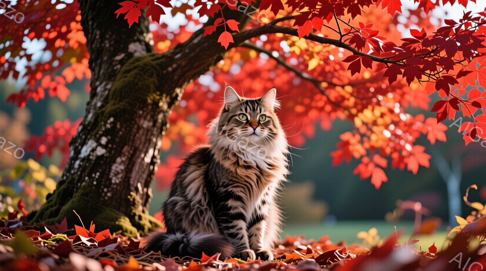 縞模様の大きな猫が、紅葉<unused26> leaves が敷き詰められた地面に座り、わずかに上を見ている。背景には緑の草地と、鮮やかな赤色の紅葉の木があり、秋の穏やかで鮮やかな雰囲気を醸し出してい - AI生成フリー素材