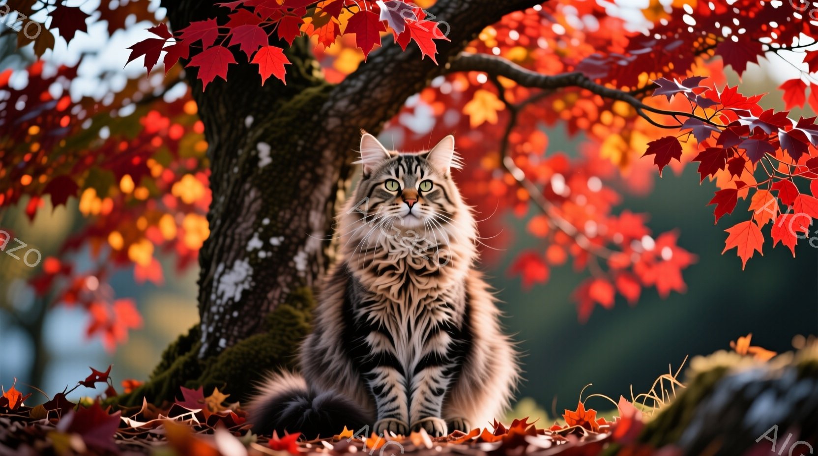 長毛の縞模様の猫が、苔むした木の根元に座って正面を見ています。背景には燃えるように赤い紅葉が広がり、落ち葉が猫の足元に散らばっています。全体的に、秋の暖かく穏やかな雰囲気を醸し出しており、猫の鋭い視線 - AI生成フリー素材