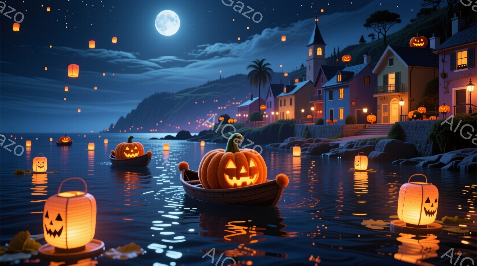 深夜の海に、かぼちゃをくり抜いて作ったランタンが浮かぶボートが点々と並んでいる。背景には、ハロウィンの装飾が施された家々が立ち並び、月明かりとランタンの光が海面を照らしている。全体的に幻想的で、静かで穏やかなハロウィンの夜の雰囲気が漂っている。