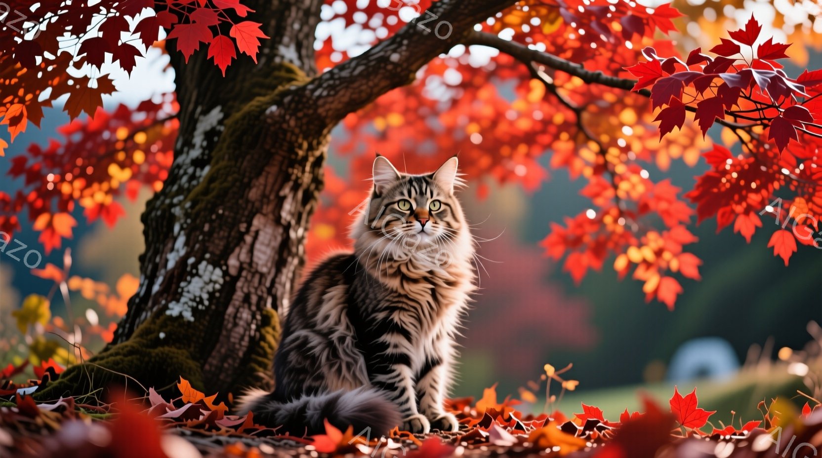 縞模様の猫が、苔むした木の根元に座って、少し上を見ている。背景には鮮やかな赤色の紅葉が広がり、地面にも落ち葉が散らばっているため、秋の穏やかな雰囲気が漂う。猫の毛並みはふさふさとしており、目は大きく、 - AI生成フリー素材