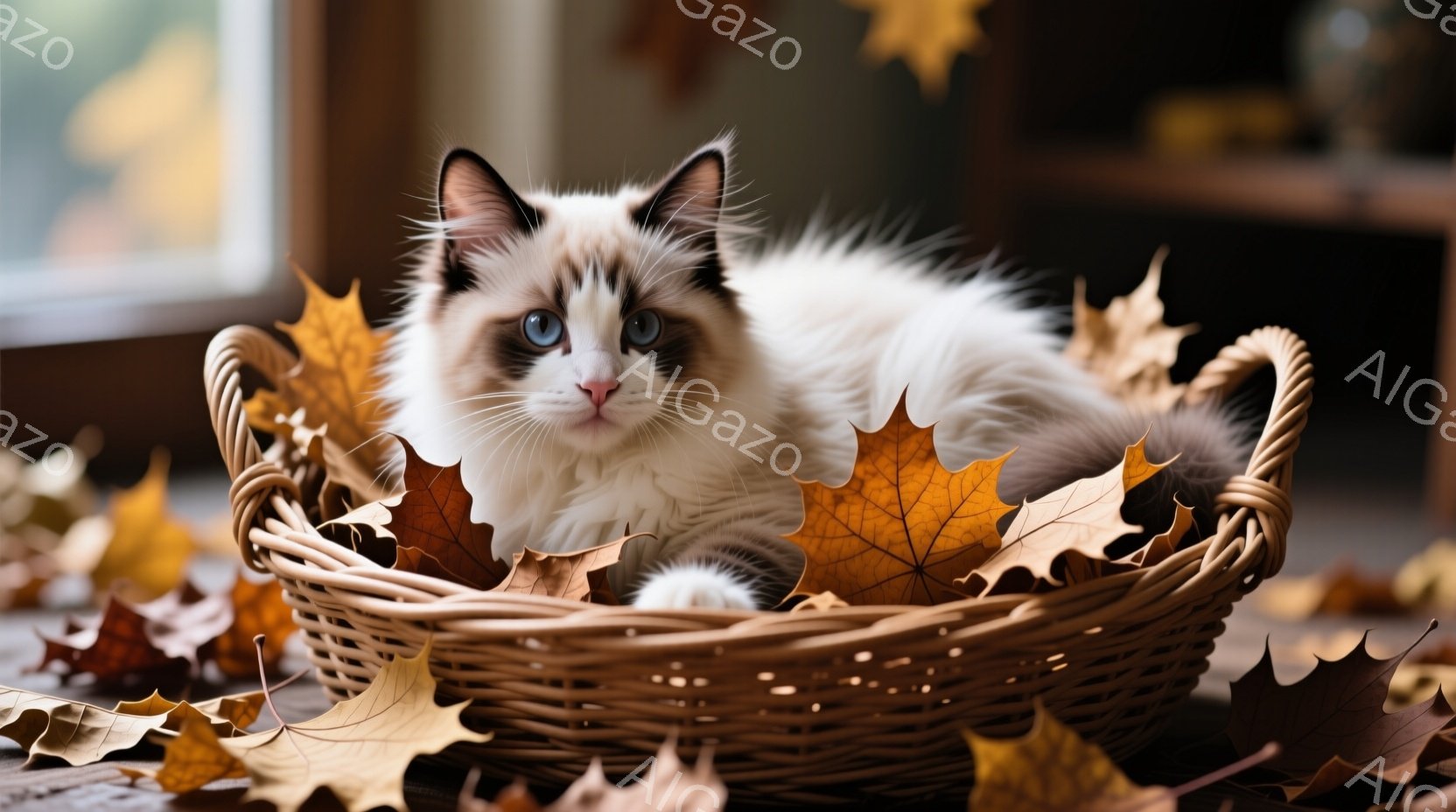白と茶色の美しい猫が、落ち葉で満たされた籐の籠の中に横たわっています。猫は青い目を持ち、リラックスした表情でカメラを見つめており、全体的に穏やかで秋らしい雰囲気を醸し出しています。背景は木製のテーブルで、落ち葉が散らばっており、暖かく心地よい秋の日の光が差し込む様子が伺えます。