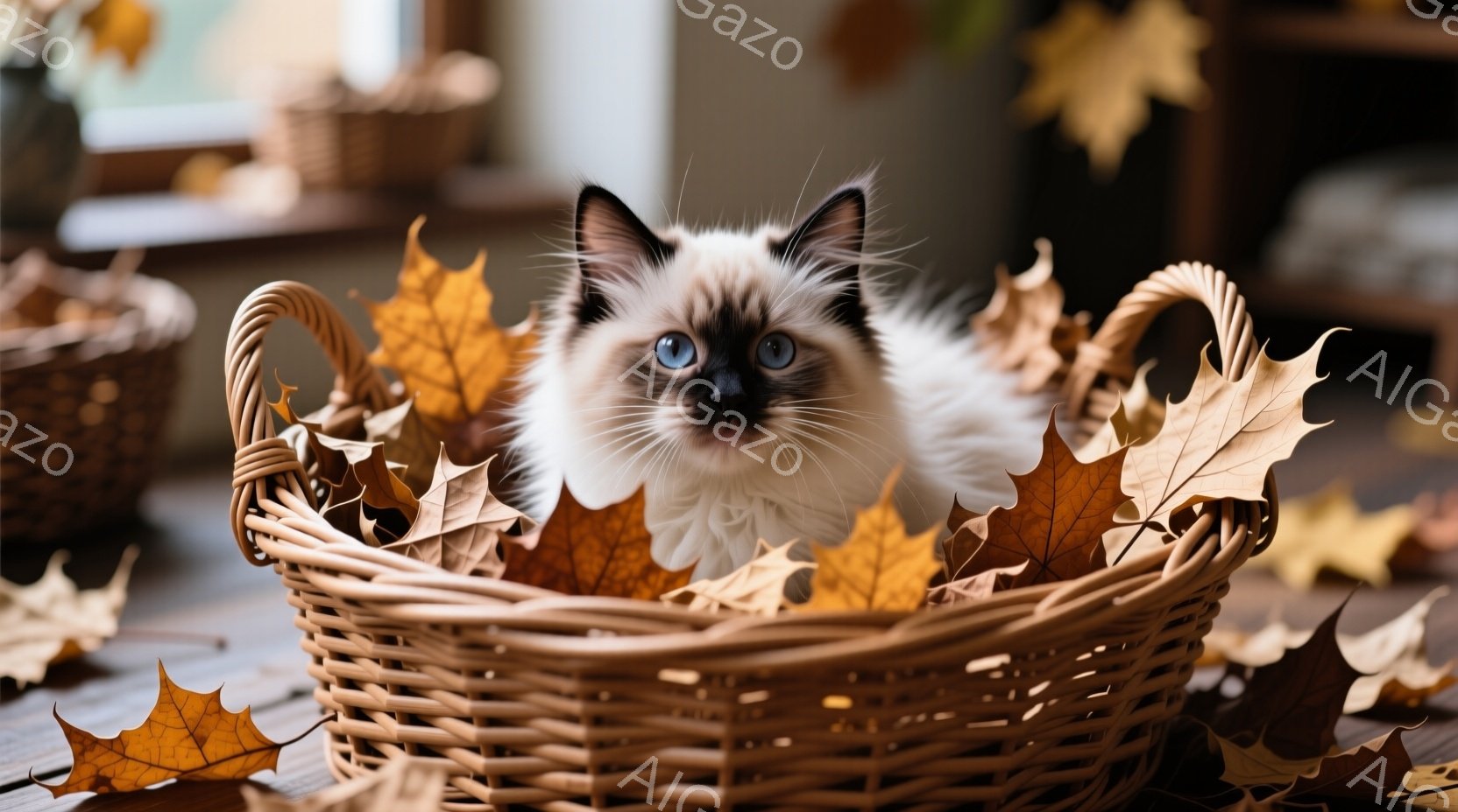 白とクリーム色の毛並みを持つ子猫が、秋の落ち葉で満たされた編み込みのバスケットの中にいます。青い瞳はカメラを見つめ、好奇心と無邪気さを表現しています。背景には木製のテーブルとぼやけた背景が見え、暖かく - AI生成フリー素材