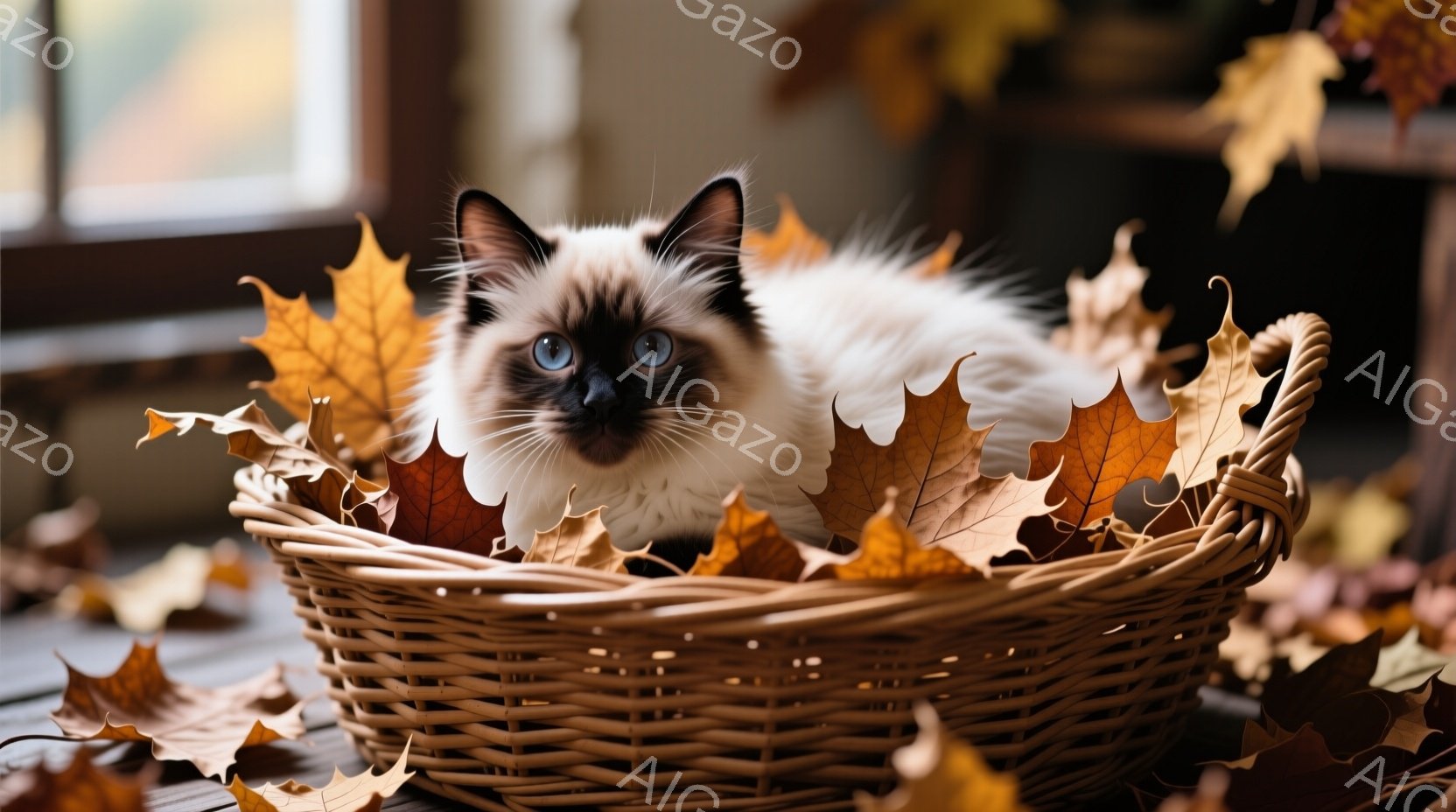 白と茶色の猫が、落ち葉で満たされた編みバスケットの中で丸くなっています。猫は青い目を持ち、穏やかでリラックスした表情をしています。背景には木製のデッキがあり、全体的に秋の暖かく心地よい雰囲気が漂ってい - AI生成フリー素材