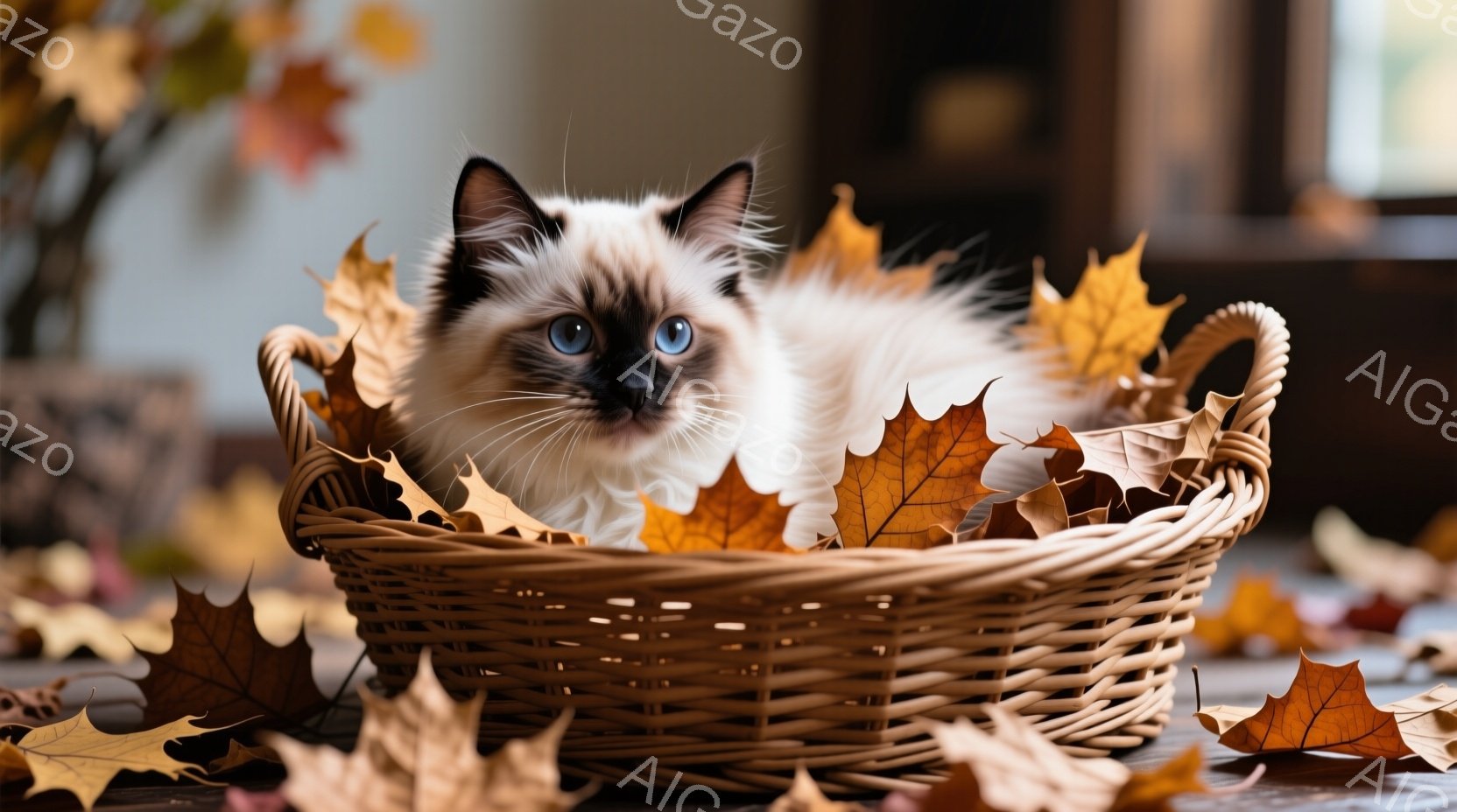 籐編みのバスケットの中に、美しいシャムミックスの猫が丸まって座っています。周りにはオレンジと黄色の紅葉が散りばめられており、猫の青い瞳が際立っています。背景はぼかされており、秋の温かく穏やかな雰囲気が漂っています。