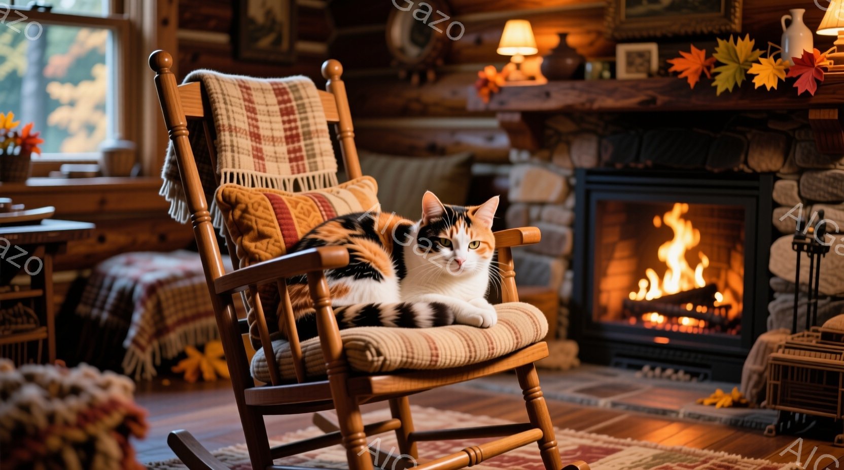 温かい暖炉のそばで、三毛猫がロッキングチェアにゆったりと横たわっています。猫はリラックスした表情で、穏やかな雰囲気を醸し出しています。背景には、木製の壁と様々な装飾が暖かさを演出し、秋らしい、心地よい - AI生成フリー素材