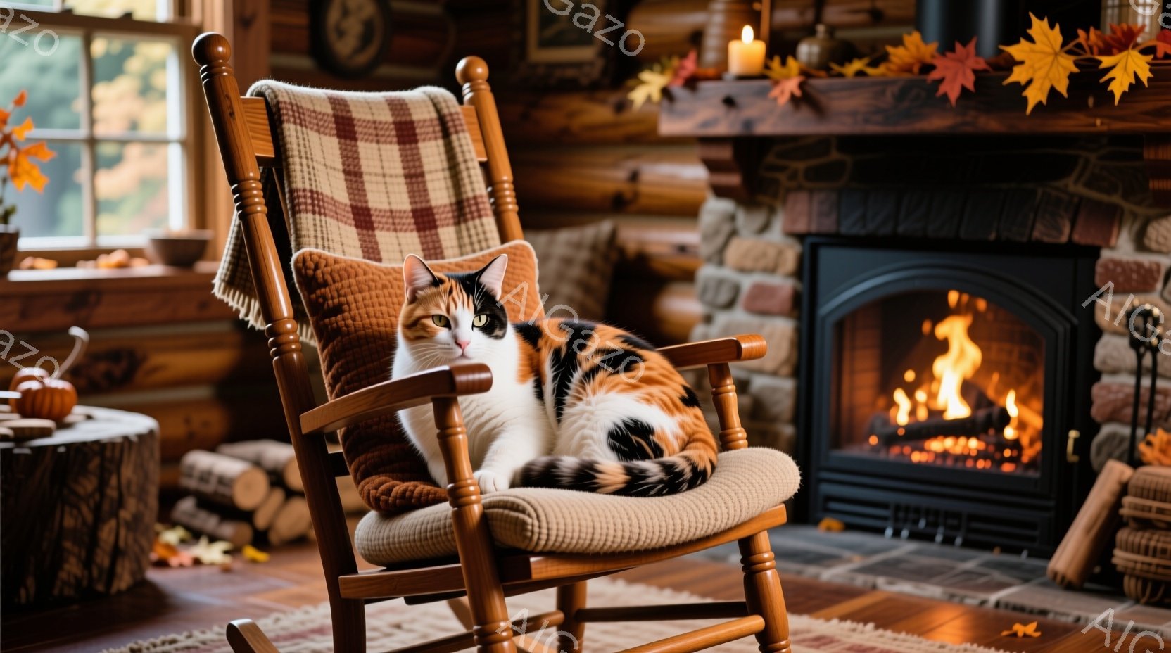 オレンジと白のまだら模様の猫が、暖かい色合いのロッキングチェアにゆったりとくつろいでいます。暖炉の火が灯り、部屋全体をオレンジ色に染め、背景には木のぬくもりを感じさせる壁と、秋らしい落ち葉が散りばめら - AI生成フリー素材