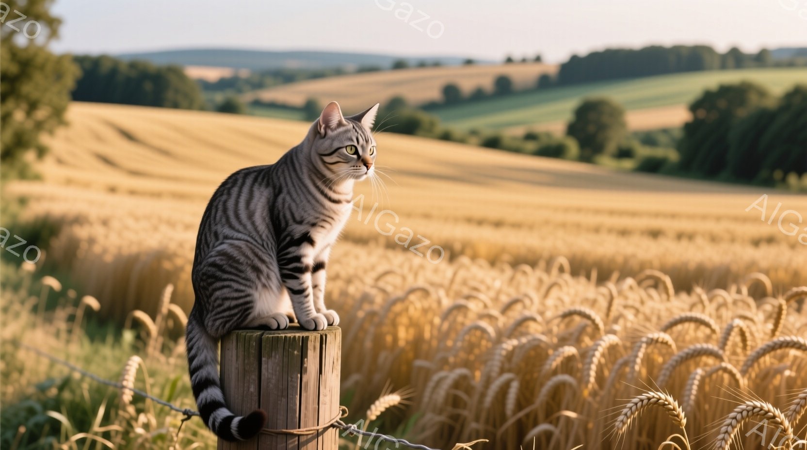 縞模様の猫が、古びた木の柱の上に乗って遠くを見つめている。黄金色の麦畑が広がり、背景には緑の丘と木々が連なっている、穏やかで暖かい日差しが降り注ぎ、平和な田園風景を作り出している。猫の姿勢は堂々としており、自然の中でリラックスした雰囲気を醸し出している。