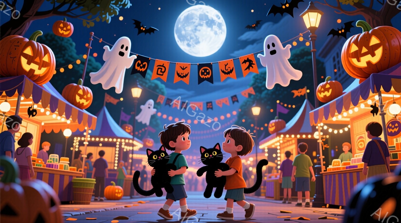 ハロウィーンの夜、二人の少年がそれぞれ黒猫を抱きしめて歩いています。少年たちはカジュアルな服装で、一人は赤いシャツとジーンズ、もう一人はオレンジ色のシャツとジーンズを着ています。背景には、かぼちゃのランタンや幽霊の飾り付けがされた屋台が並び、多くの人々が賑やかに楽しんでいます。